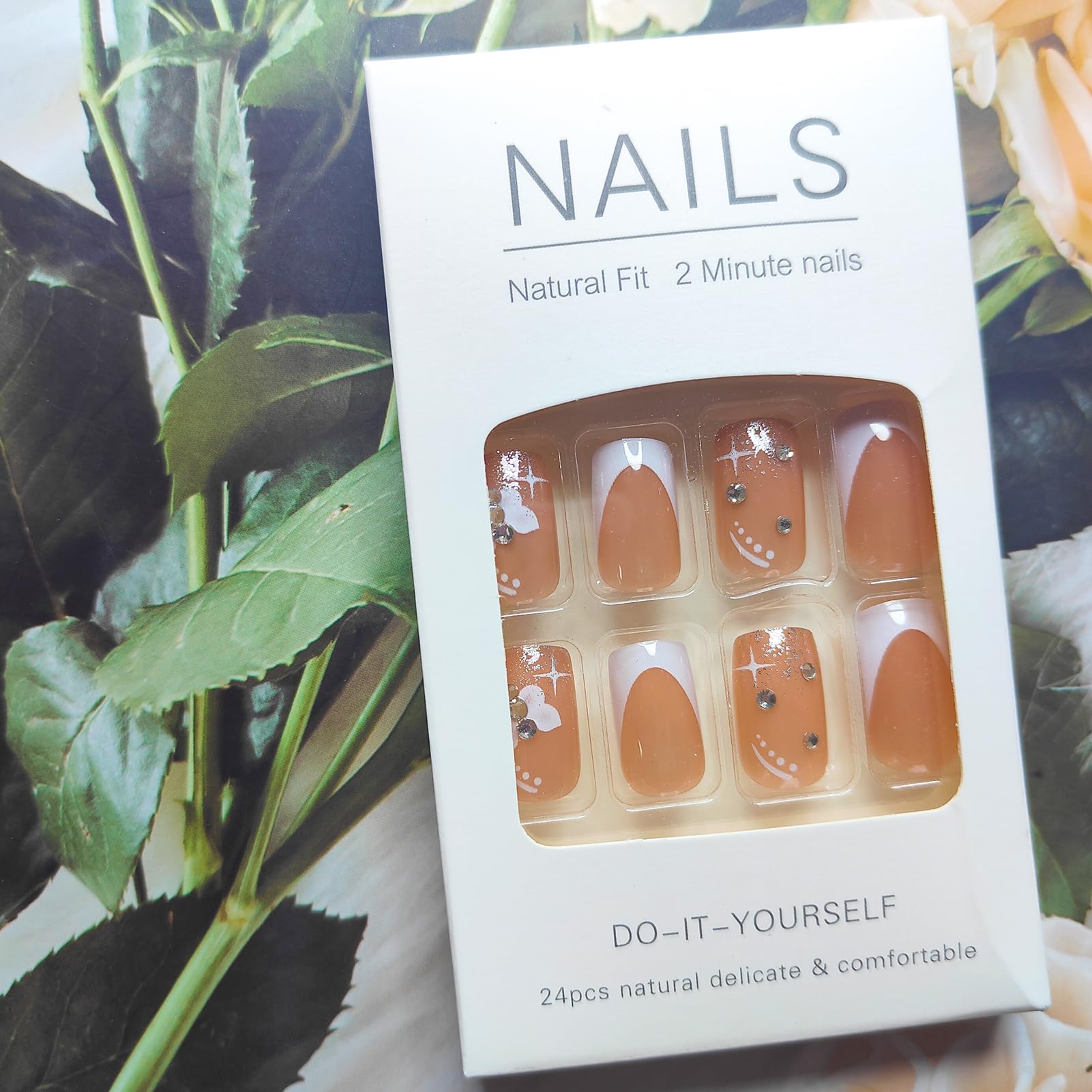 24Pcs French Tip Press on Fake Nails - Medium Square Glossy Full Cover False Nails with Butterfly Rhinestone Designs, Cute White French Manicure Glue on Nails for Women & Girls | Perfect for Parties, Weddings, Date Nights & Special Occasions