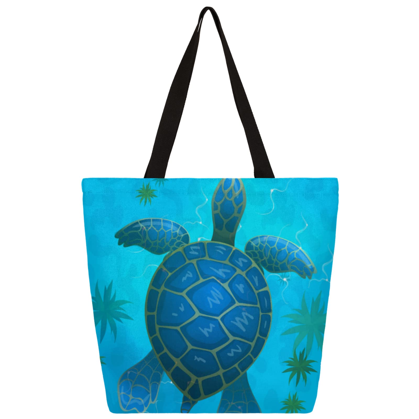 Eco-Friendly Canvas Tote Bag for Women - Reusable Heavy Duty Grocery Shopping Bag with Inner Pocket | Marine Animal Print (Ocean Turtle Design) for Beach, School, Work & Gym | Durable Shoulder Bag for Everyday Use