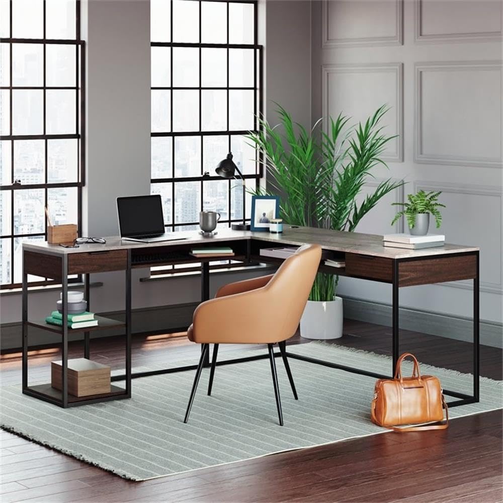 Pemberly Row Modern L-Shaped Computer Desk - Engineered Wood Home Office Furniture in Deco Stone Gray for Small Spaces & Workstations