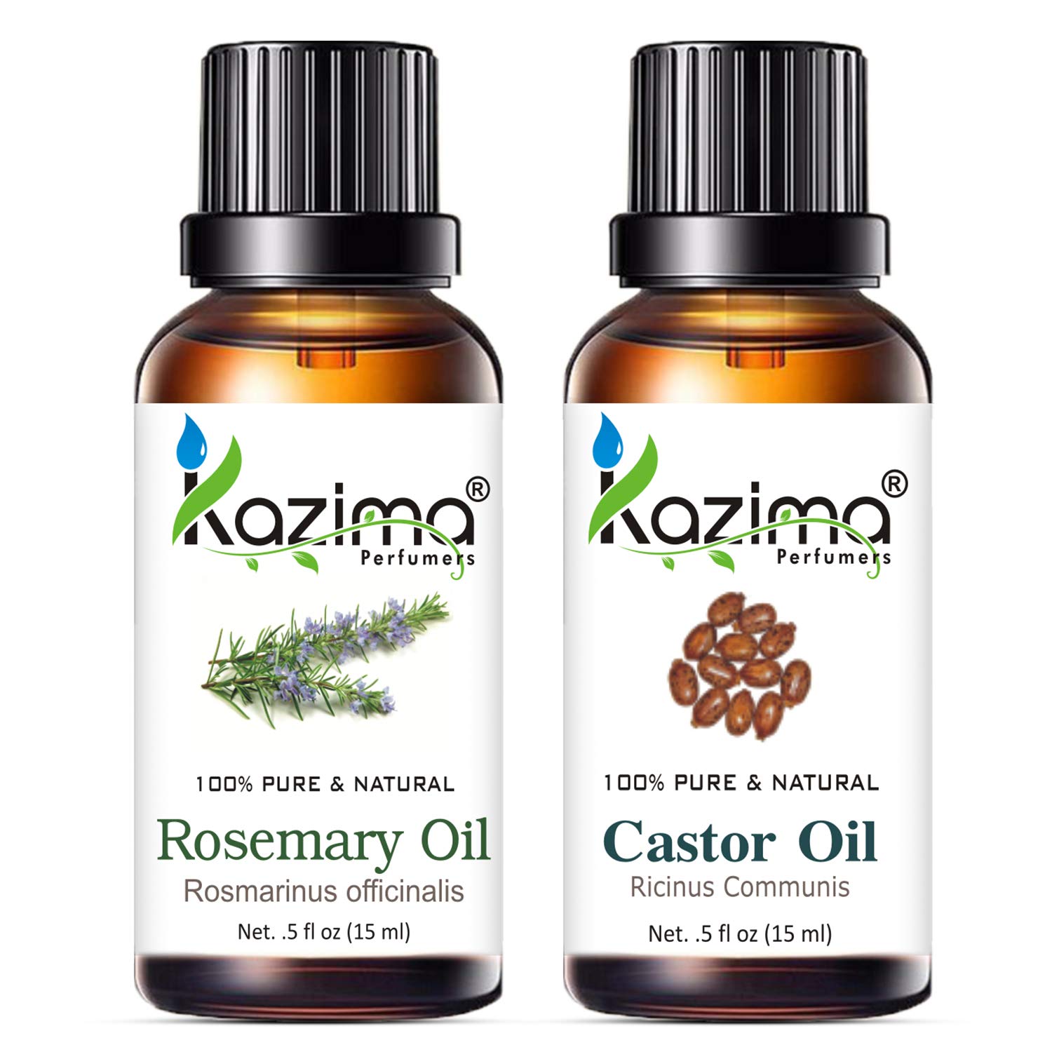 KAZIMA 100% Pure Rosemary Oil & Castor Oil Combo - Undiluted Essential Oils for Hair Growth, Skin Care, Aromatherapy, Body Massage - 15ml Each - Perfect for DIY Hair Treatments & Relaxing Spa Nights at Home