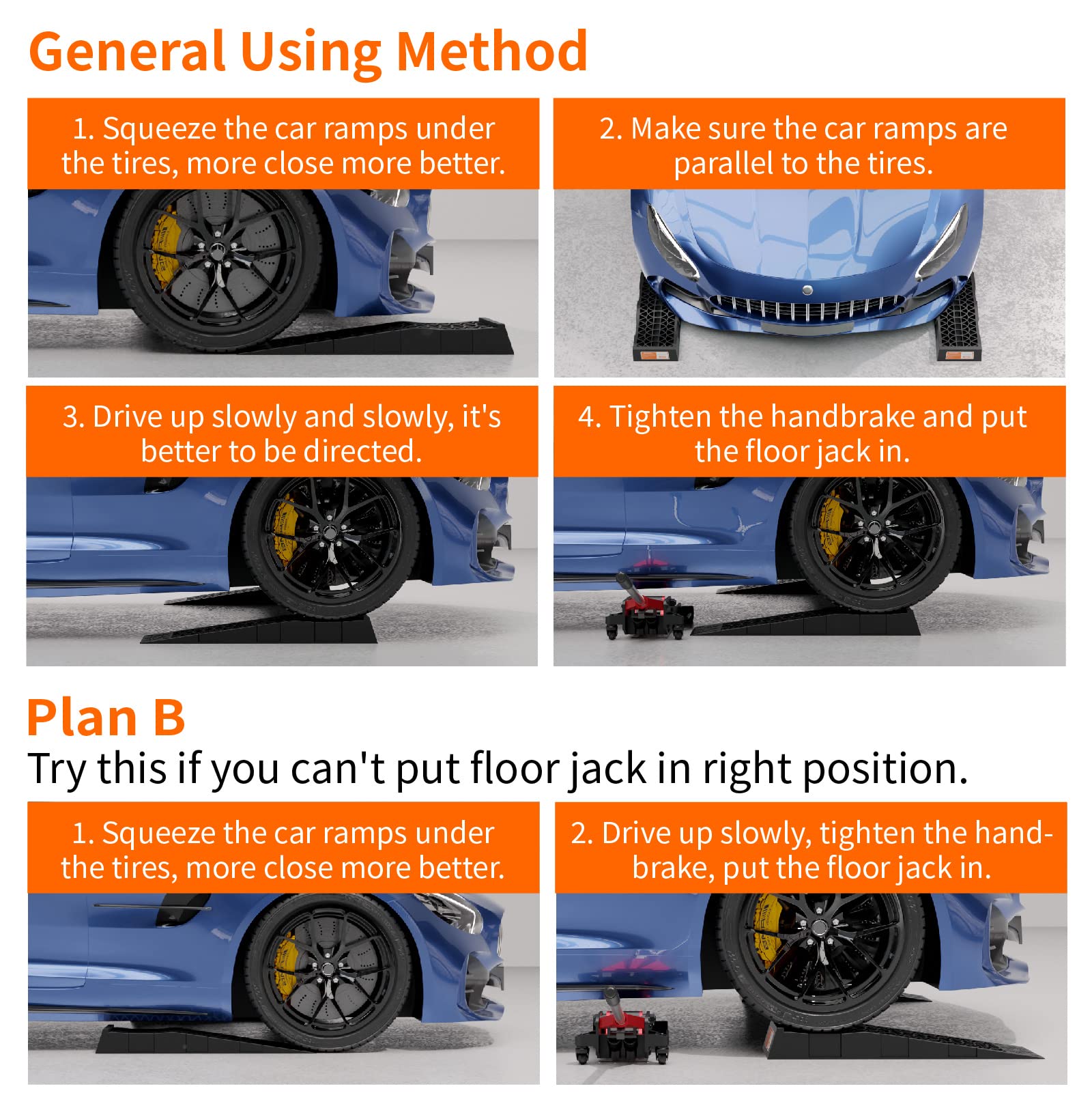 Low Profile Car Service Ramps with Anti-Slip Pads - 2.5 Inch Lifting Height (4 Pack) - Portable Vehicle Maintenance Ramps for Lowered Cars, Sports Cars & Racing Vehicles - Perfect for Oil Changes, Tire Rotations & Underbody Work