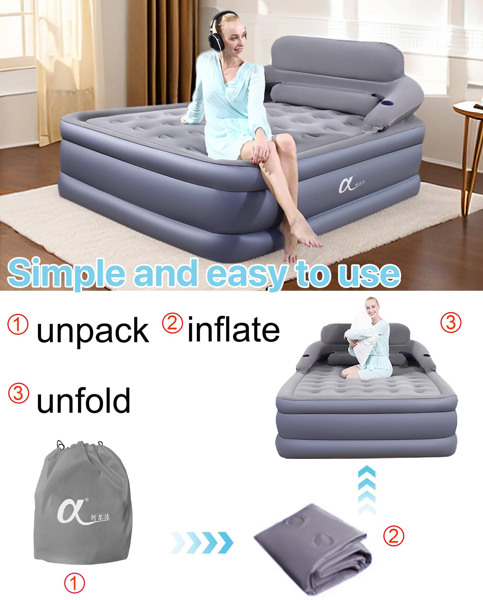 A-ER-FA Twin XL Air Mattress with Headboard - 3 Minute Quick Inflation, 20 Inch Height, Flocked Top - Perfect for Home, Guest Room, Travel & Camping - Comfortable Portable Bed for Indoor and Outdoor Use