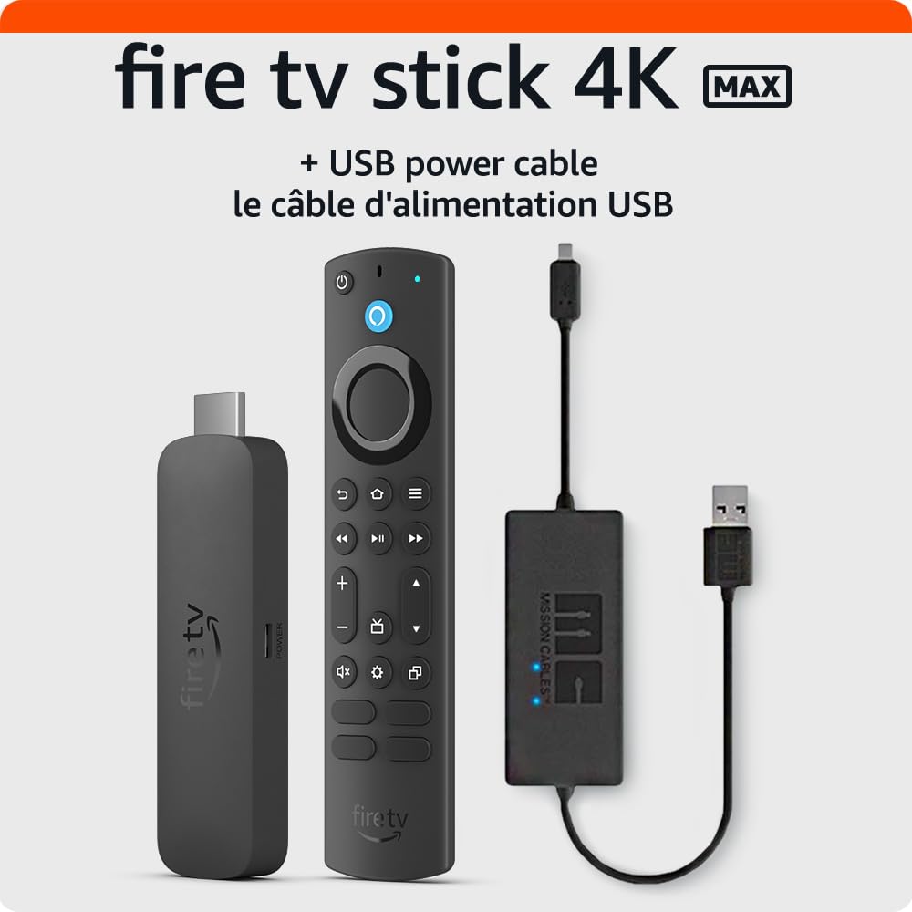 Amazon Fire TV Stick 4K Max Streaming Device with Alexa Voice Remote & USB Power Cable - Watch Movies, Live TV & Play Games on Your Smart TV