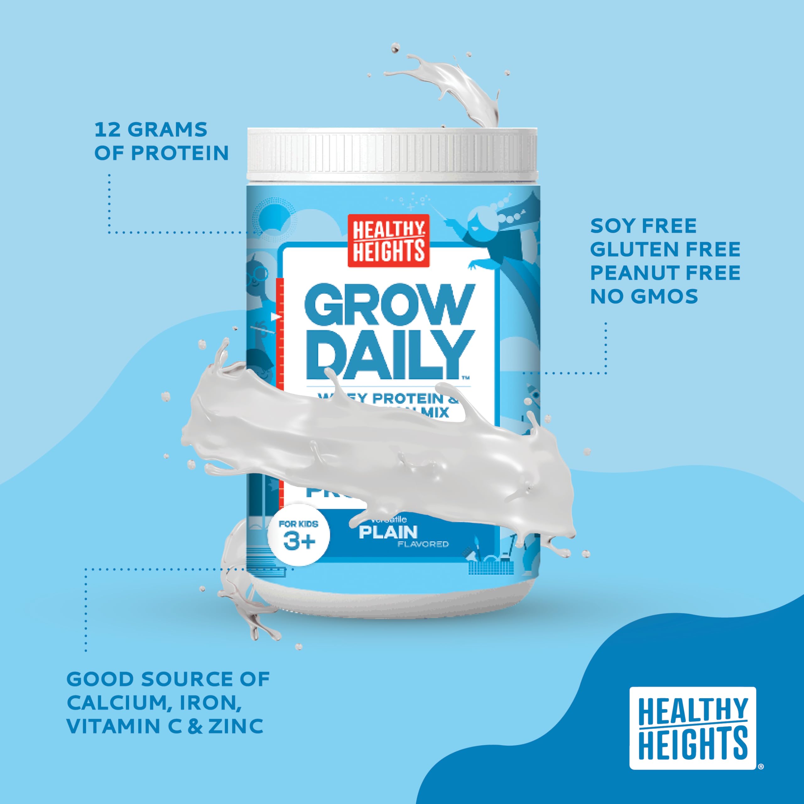 Healthy Heights Grow Daily Kids Protein Drink Mix (Plain) - High Protein Shake for Children Ages 3+ | Supports Growth & Development | Perfect for Breakfast, Snacks & Active Lifestyles