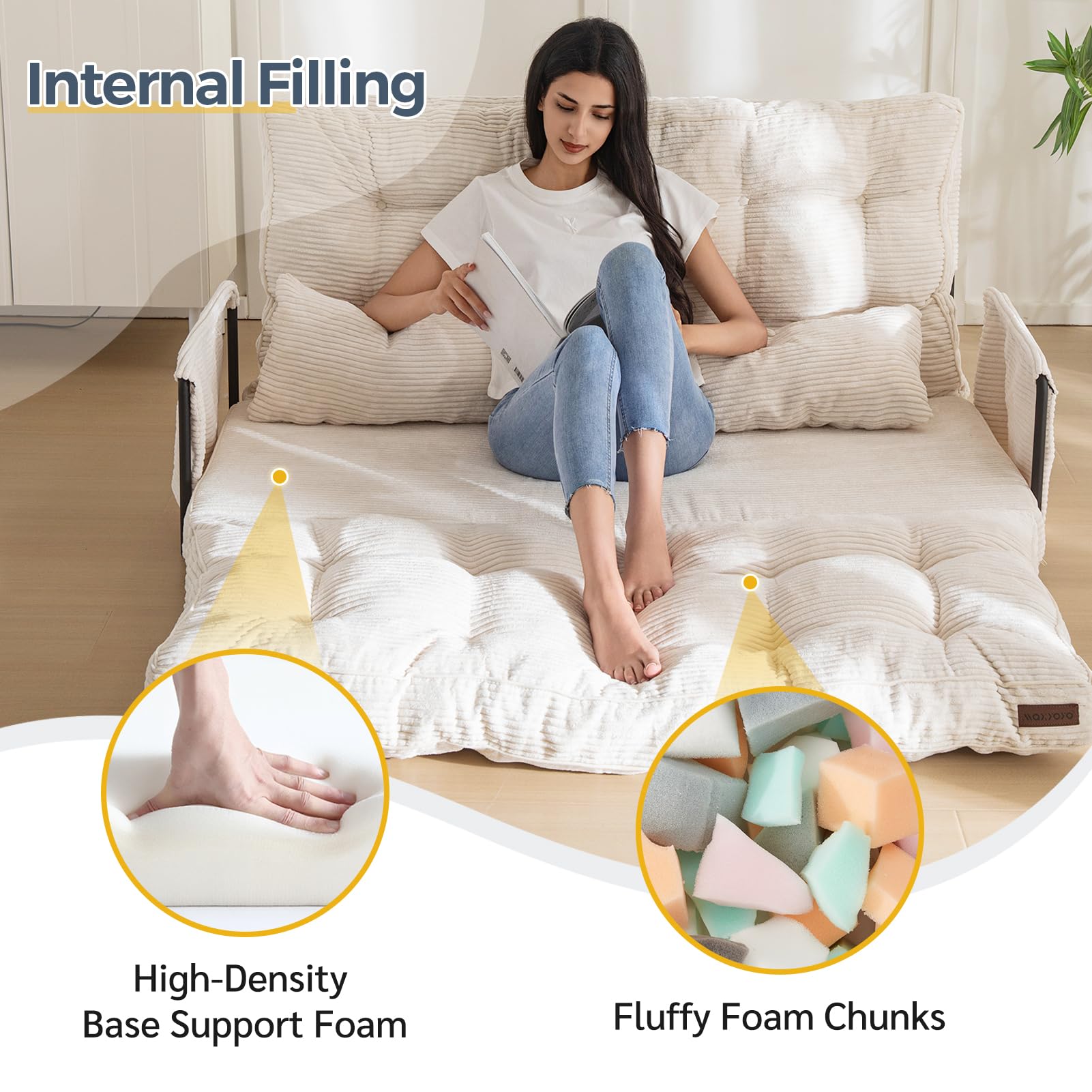 MAXYOYO Adjustable Floor Sofa Bed with 2 Pillows - Multi Functional Bean Bag Sleeper with Armrest for Reading, Gaming & Relaxing - Comfortable Beige Lounger for Living Room, Bedroom & Dorm