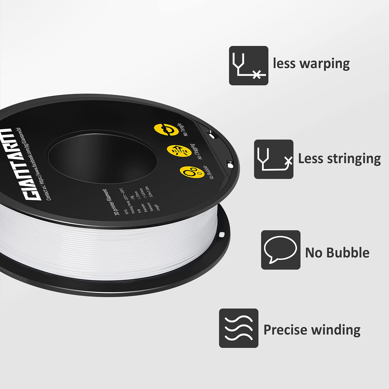 GIANTARM 1.75mm PETG Filament for 3D Printers - 1kg Spool, White | High Precision +/-0.02mm | Ideal for Functional Parts, Cosplay Props & DIY Projects