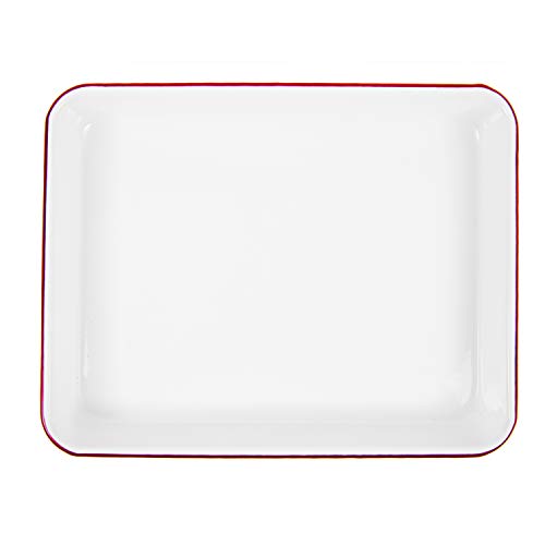 Crow Canyon Small Rectangular Enamelware Tray or Baking Pan with Red Rim - Perfect for Serving, Baking, and Kitchen Organization