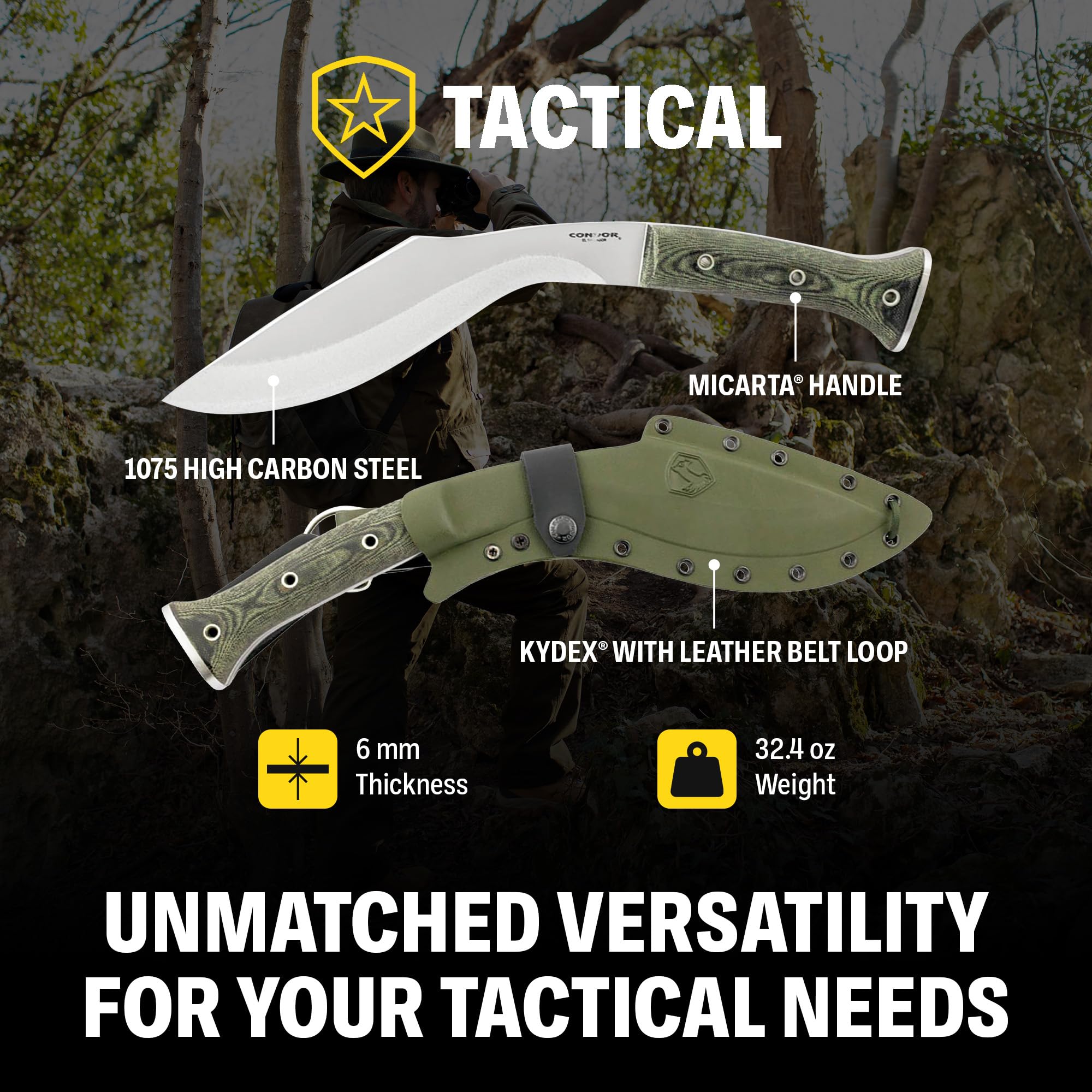 Condor K-Tact Kukri Knife - Army Green Tactical Survival Knife for Outdoor Camping, Hunting & Bushcraft
