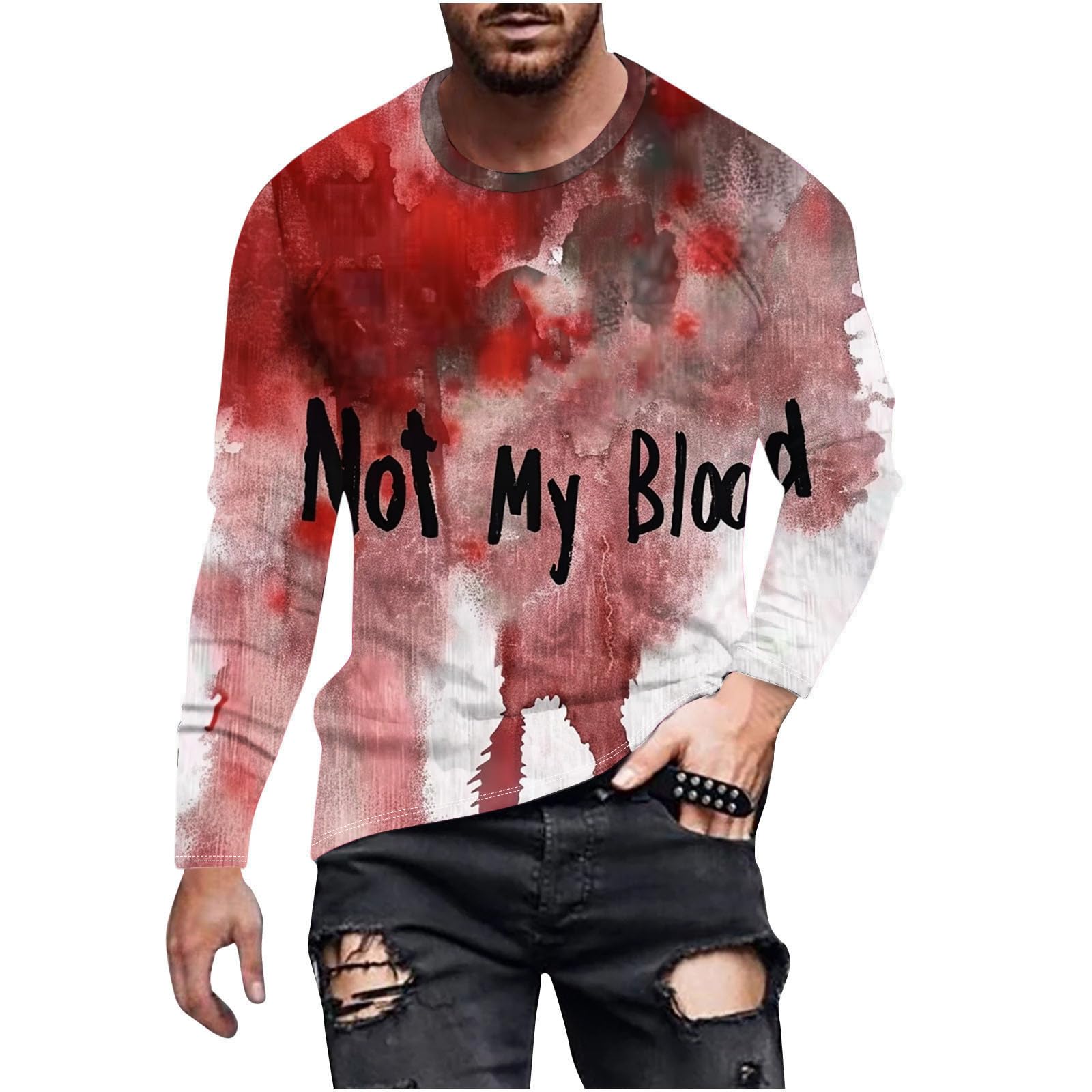Men's Halloween Bloody Graphic Long Sleeve T-Shirt - Not My Blood Horror Novelty Tee for Costume Parties & Scary Events