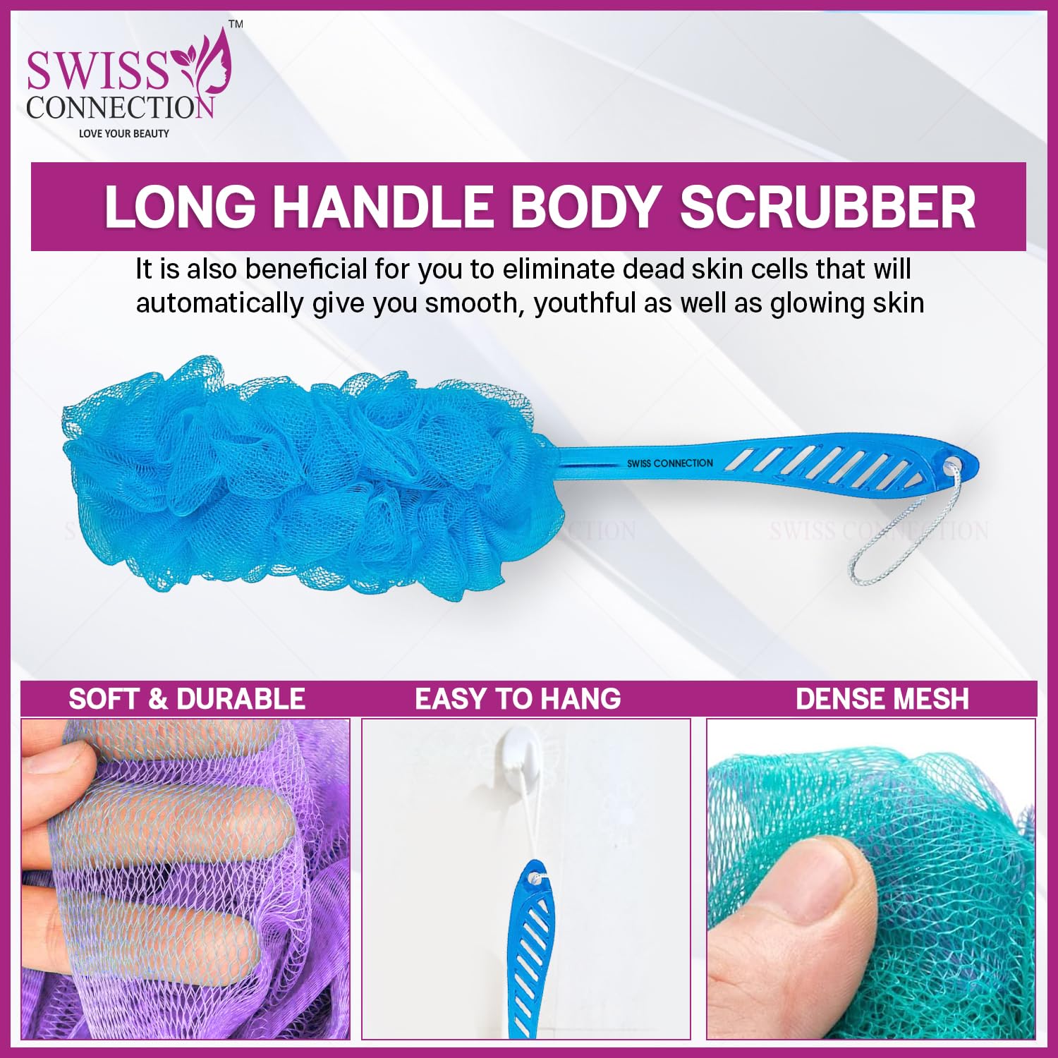 Swiss Connection Long Handle Loofah Back Scrubber - Gentle Exfoliating & Efficient Cleaning Bath Sponge for Men & Women - Easy to Clean, Multi-Color (Pack of 2) - Perfect for Shower, Spa, and Daily Body Care Routine