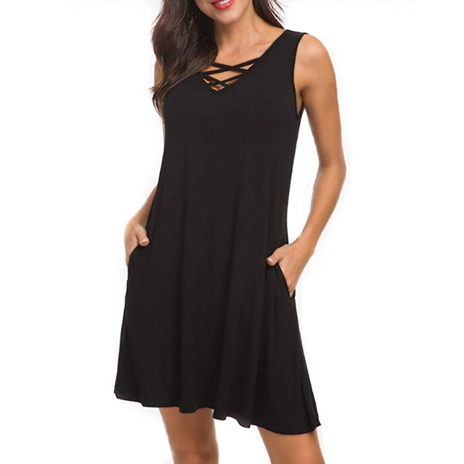 KASAAS Plus Size Women's Dress with Pockets - V-Neck Loose Casual Short Dress in Black | Perfect for Summer Outings, Beach Vacations & Everyday Wear