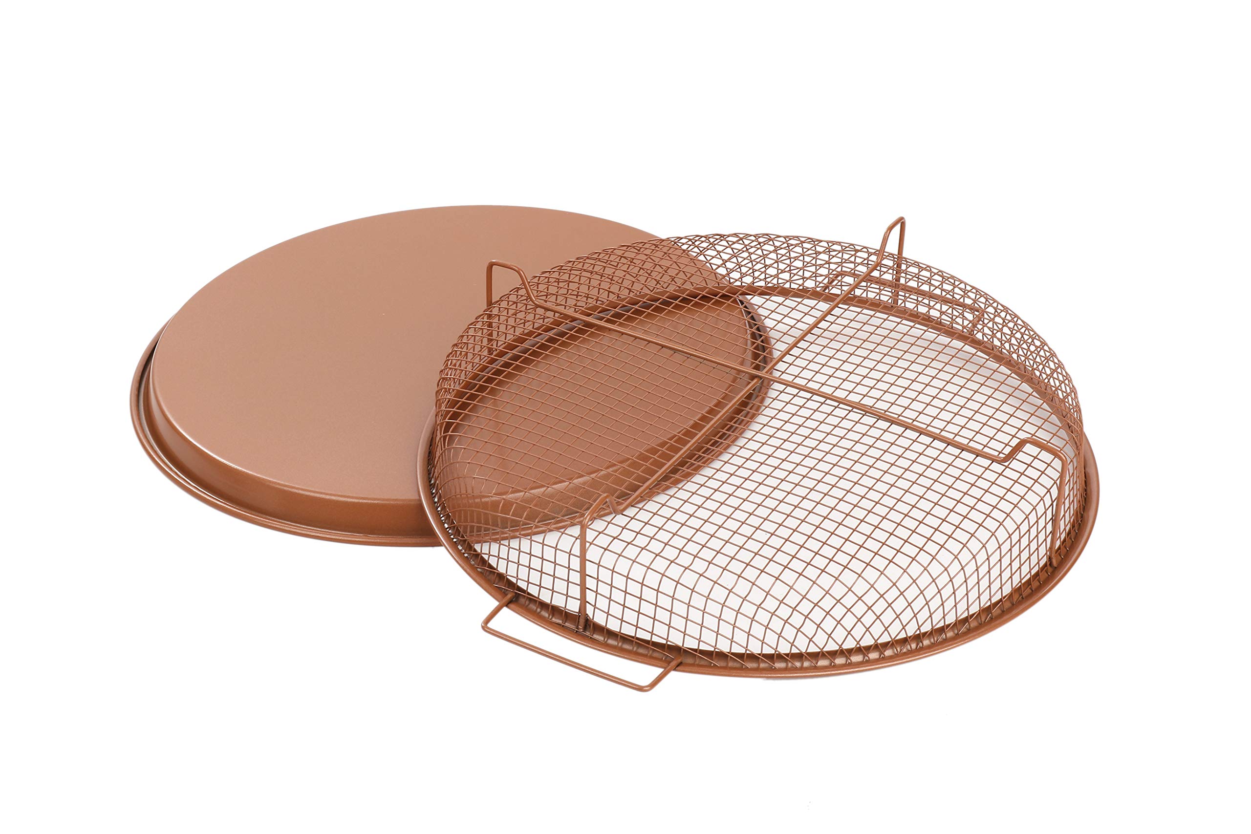 Premium Nonstick Copper Air Fryer Pan & Mesh Basket Set - 2-Piece Oven Safe Cookware for Healthy French Fries, Frozen Foods & Oil-Free Baking | Perfect for Family Dinners, Meal Prep & Quick Snacks by WHG (Round, 2-Pack)
