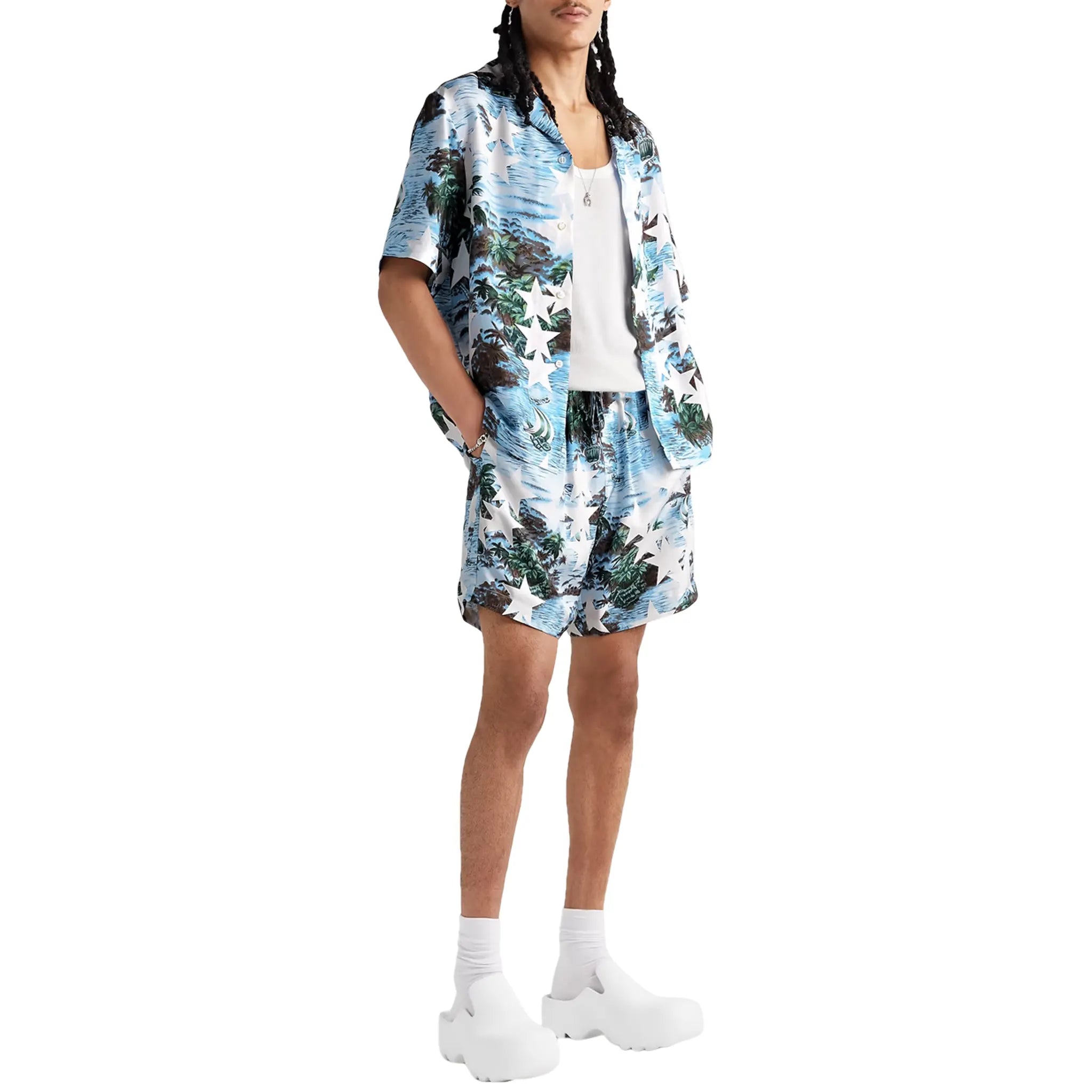 Amiri Tropical Star Blue Swim Shorts for Men - Quick-Dry Beach Swimwear with UPF Protection - Perfect for Pool, Vacation & Summer Activities