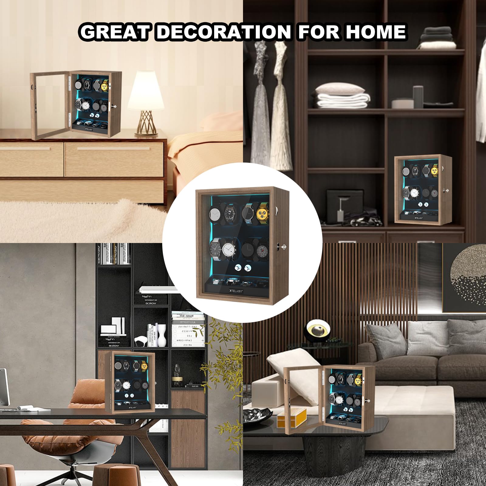 XTELARY Lockable Automatic Watch Winder - 4/6/8/12 Watch Storage Box with 4 Rotation Modes, Ultra Quiet Motor & LED Backlight | Perfect for Watch Collectors, Luxury Timepiece Display & Safe Storage