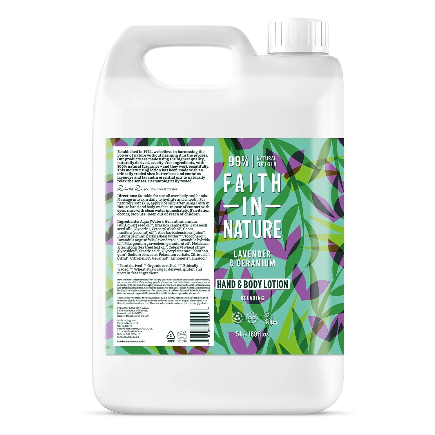 Faith In Nature Lavender & Geranium Hand & Body Lotion Refill 5L - Organic Moisturizer for Dry Skin | Perfect for Home, Spa & Office Use