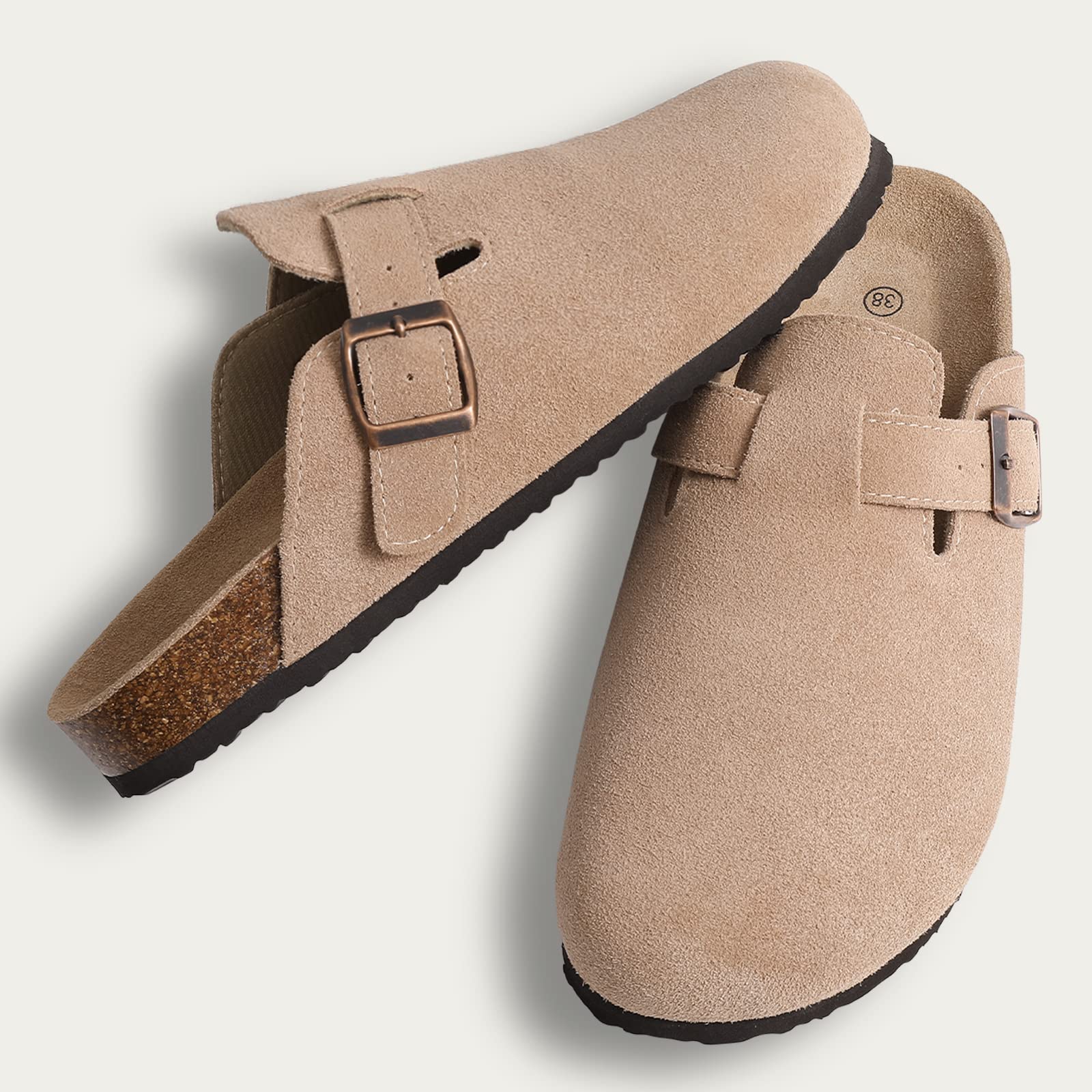 KIDMI Women's Suede Clogs - Leather Mules with Cork Footbed & Arch Support - Comfortable Slip-On Sandals for Casual Wear, Work & Home