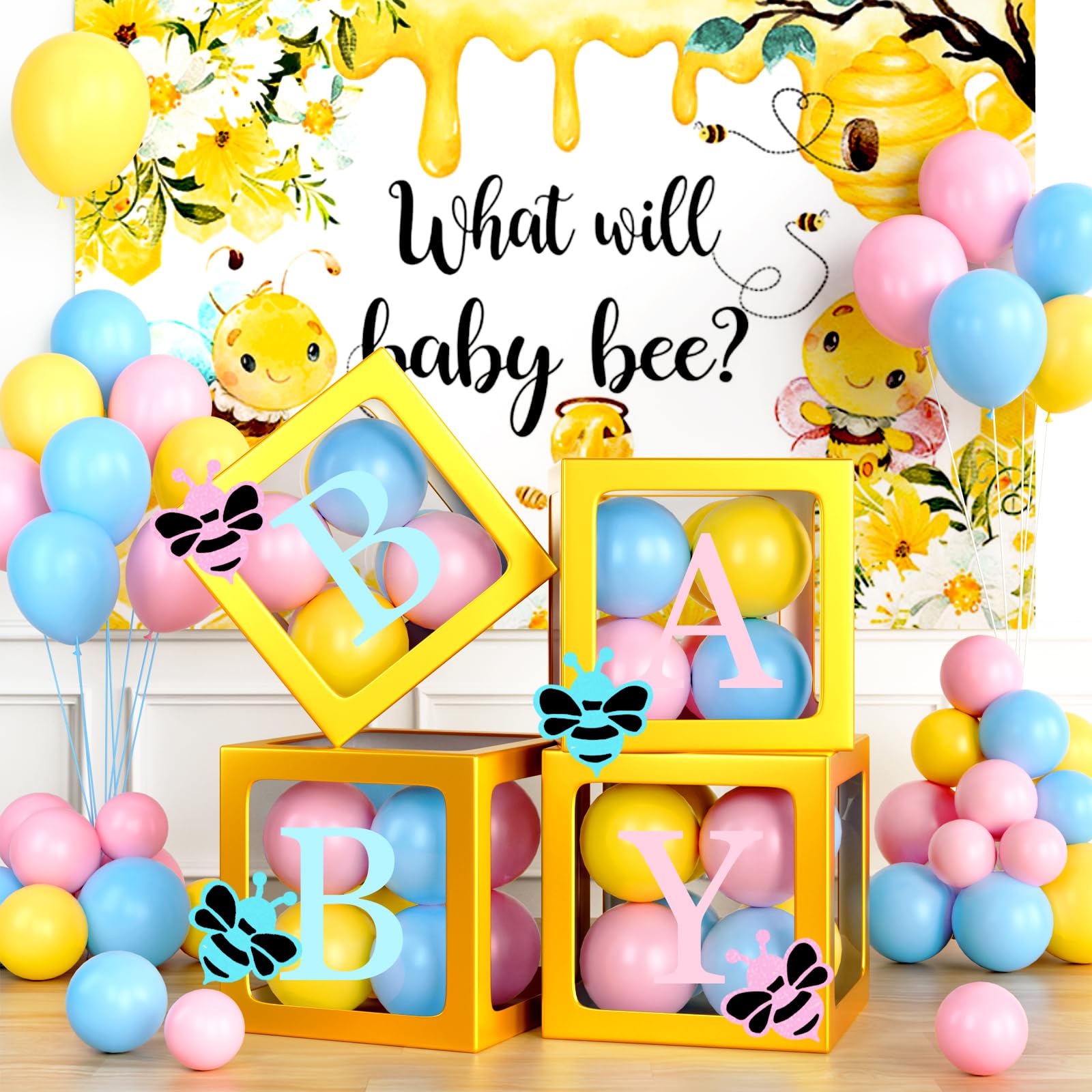 Bee Gender Reveal Party Decorations Set - Bumble Bee Baby Shower Backdrop, Balloons, Banner, Tablecloth & Cake Toppers for 'What Will It Bee' Theme Celebrations