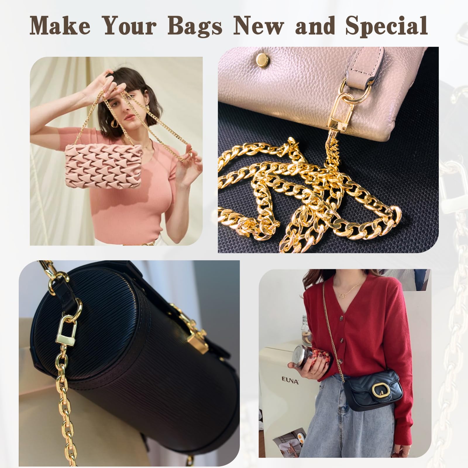 KASBEE Gold Purse Chain Strap - 47 Inch Adjustable Crossbody Shoulder Bag Strap for Women | Fashion Accessory for Handbags, Evening Bags & Clutches | Perfect for Parties, Weddings & Daily Use
