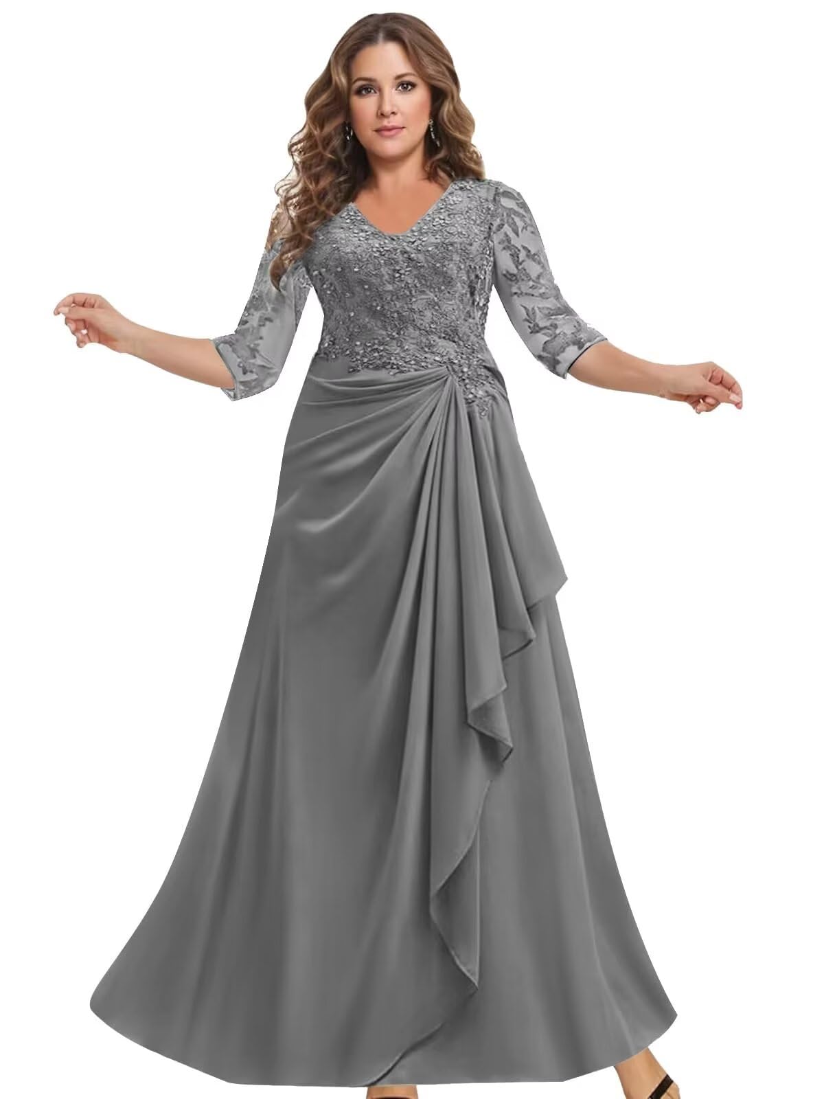 Elegant Chiffon Plus Size Mother of The Bride Dress with Lace Appliques - 3/4 Sleeve Formal Wedding Guest Gown for Special Occasions & Evening Events