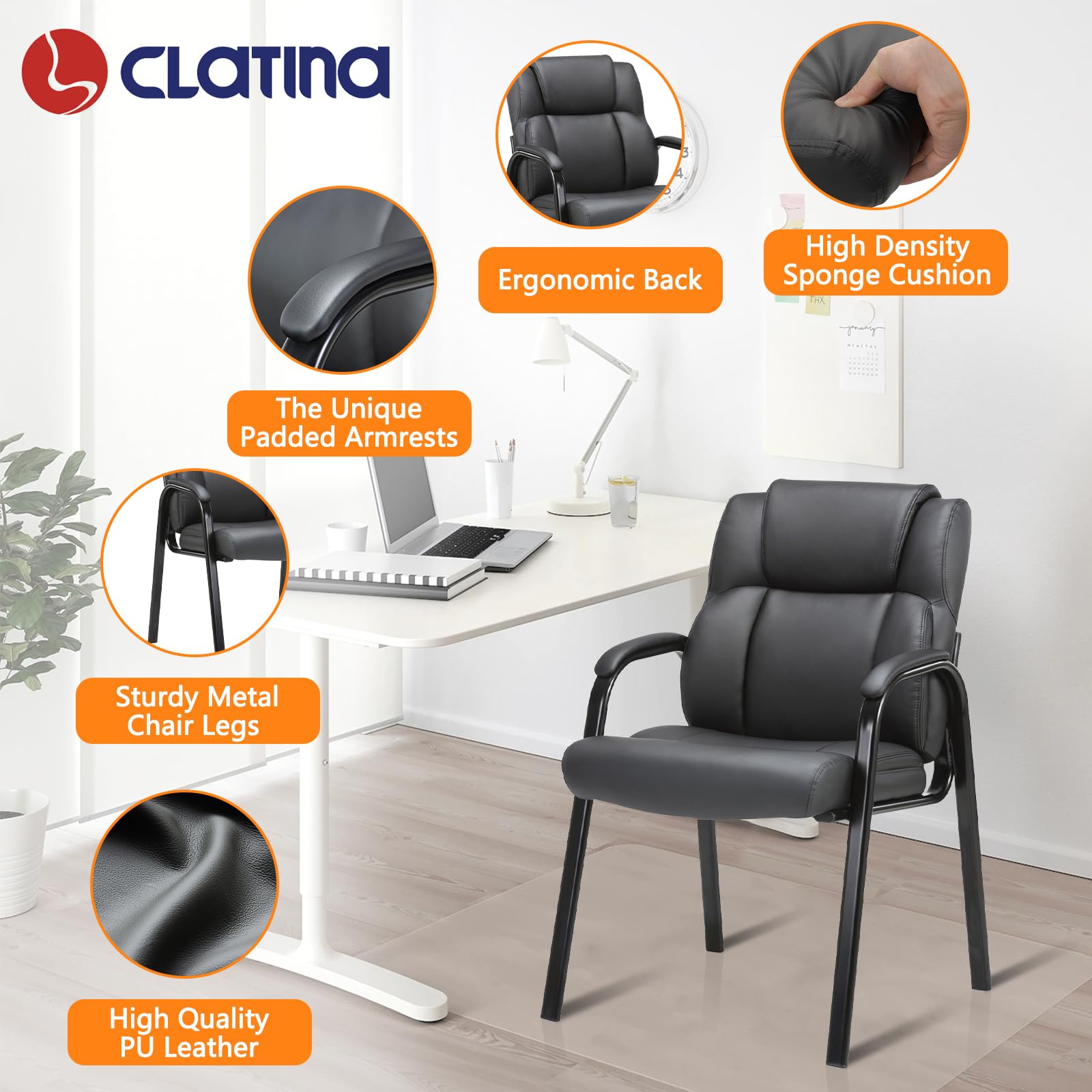 CLATINA Genuine Leather Guest Chairs Set of 4 - Ergonomic Office Chairs with Padded Armrests for Reception, Conference Room, Waiting Area, Home Office - Black Modern Seating Solution for Professional & Comfortable Workspaces