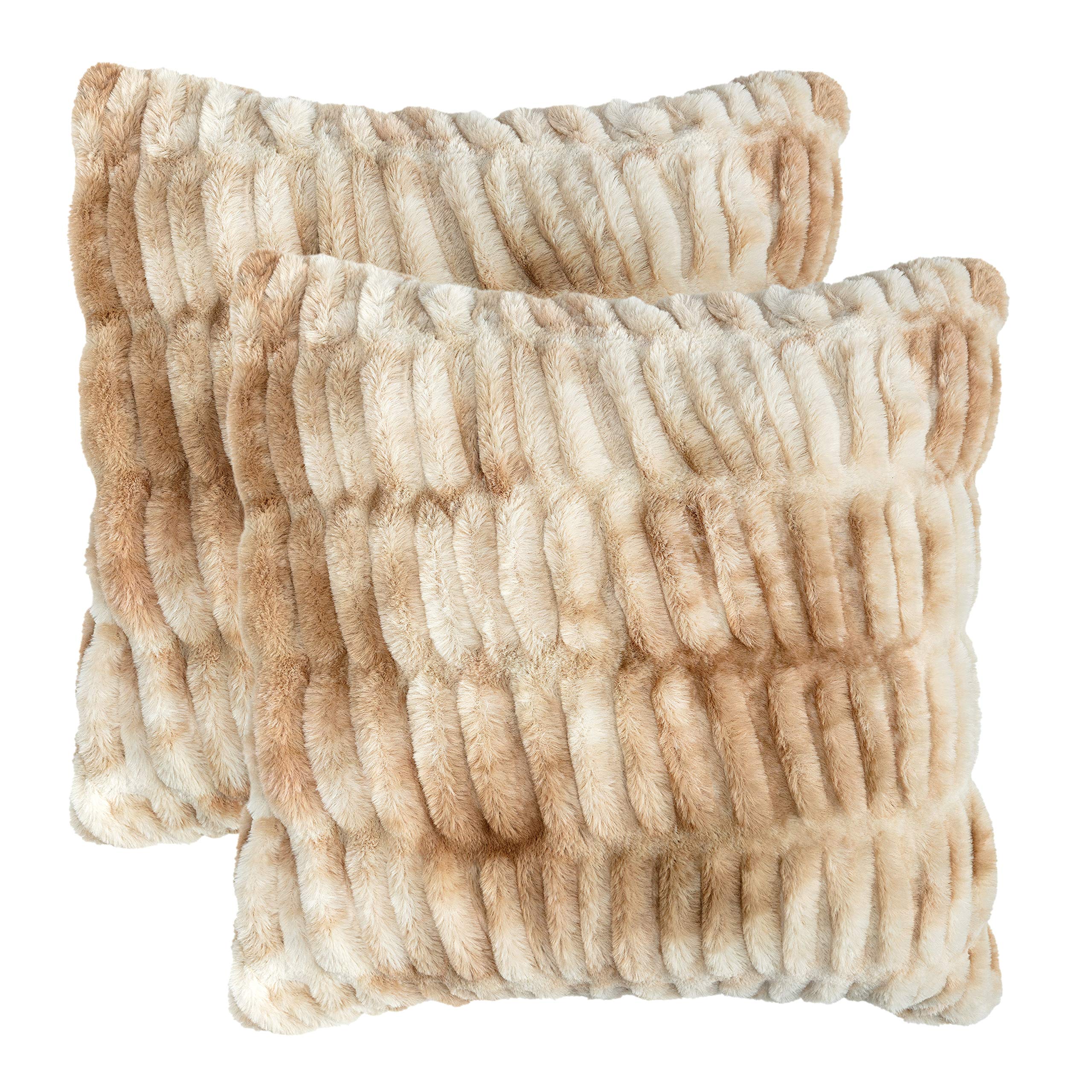 Premium Ruched Faux Fur Throw Pillow Covers - Soft Plush Decorative Cushion Covers for Sofa, Bed, Couch - Set of 2 (18x18 Inches) - Beige - Perfect for Living Room, Bedroom & Home Decor