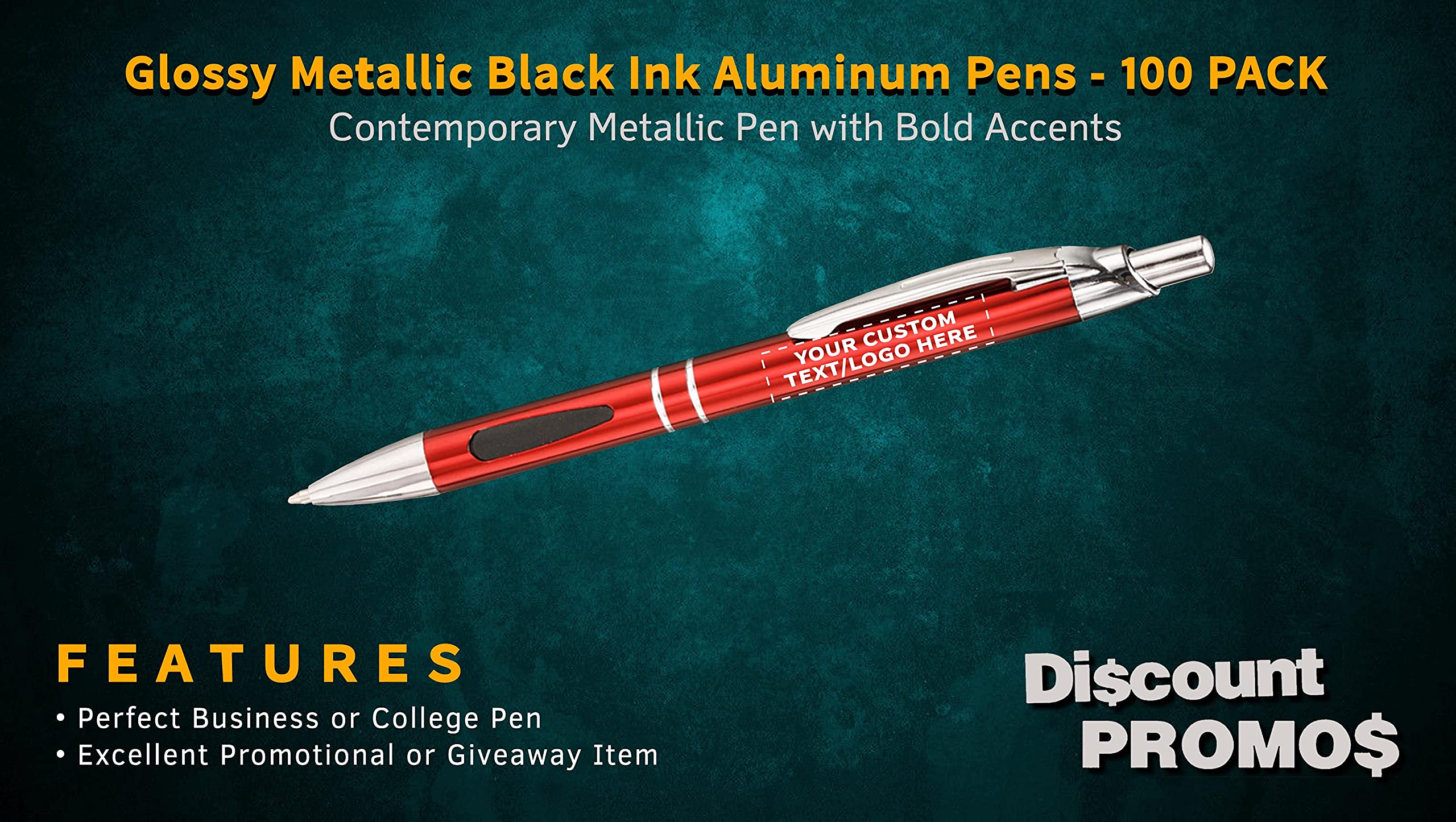 100 Pack Black Ink Metal Pens with Custom Text & Logo - Retractable Ballpoint Pens with Silver Accents - Premium Office & Business Writing Supplies for Corporate Gifts, Promotions & Everyday Use