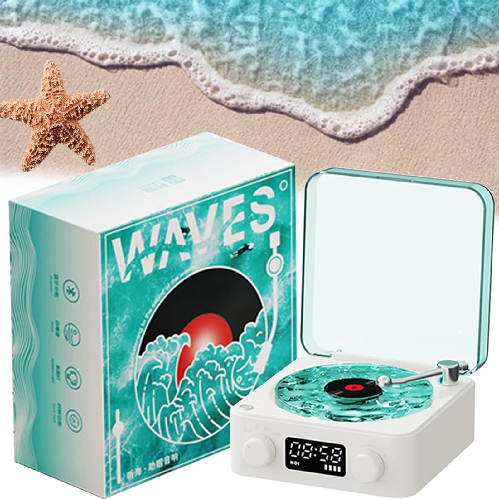 AquaVinyl Waves Mini Bluetooth Speaker - Portable Vinyl Player with 360° Surround Sound, 4 Play Modes & Ocean Sound Effects | Perfect for Beach Parties, Yoga Meditation & Home Decor (Blue)