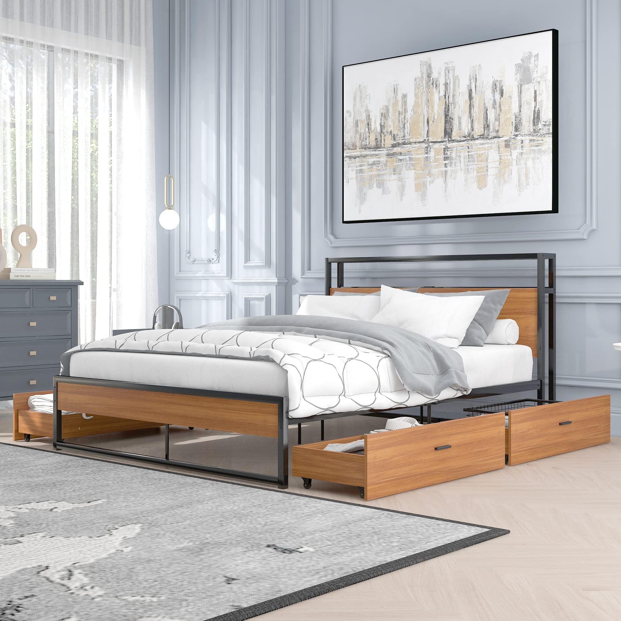 Full Size Platform Bed Frame with USB Ports & Outlets - Modern Metal Bed with Storage Drawers, Sturdy Slat Support & Center Leg - No Box Spring Required (Black, Full Size) - Perfect for Small Spaces & Modern Bedrooms