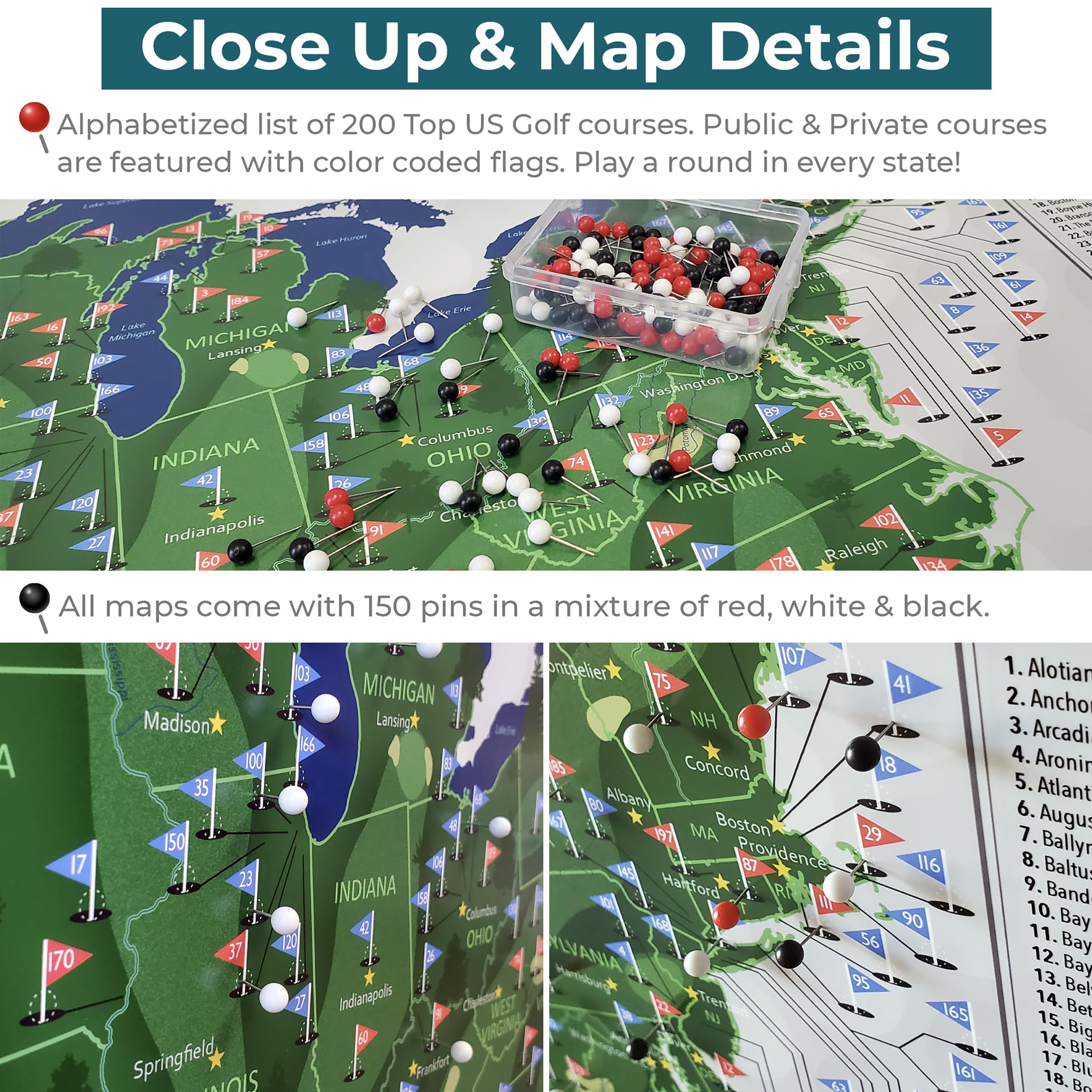 Custom Push Pin Travel Map of Top Golf Courses in USA - Rustic Brown Framed Wall Art with 150 Pins - Handmade in USA (27.5x39.5 inches) - Perfect for Golf Lovers & Home Office Decor