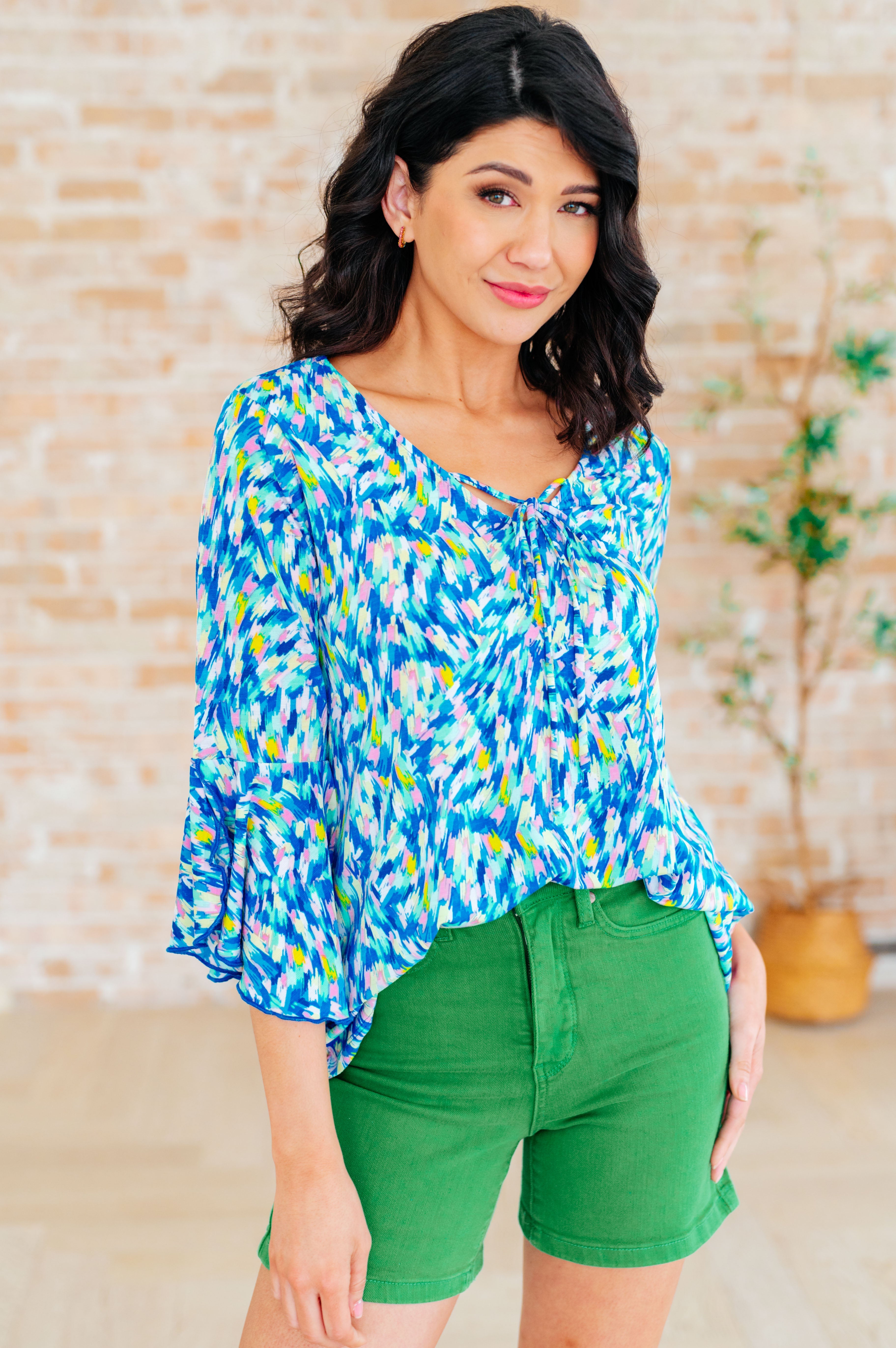 Royal Brushed Multi Willow Bell Sleeve Top - Elegant Floral Print Women's Blouse for Casual Wear, Date Night & Office Outfits