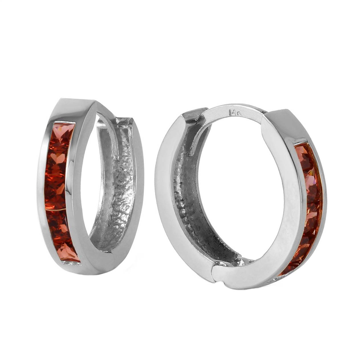 1.3 Carat 14K Solid White Gold Hoop Huggie Earrings with Genuine Garnet - Perfect for Everyday Wear, Gifts & Special Occasions