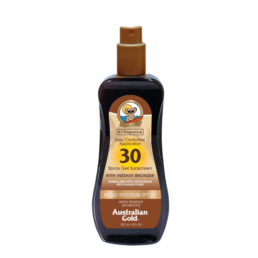 Australian Gold Spray Gel with Bronzer SPF 30 - Sun Protection & Natural Tan Enhancer for Beach, Pool & Outdoor Activities