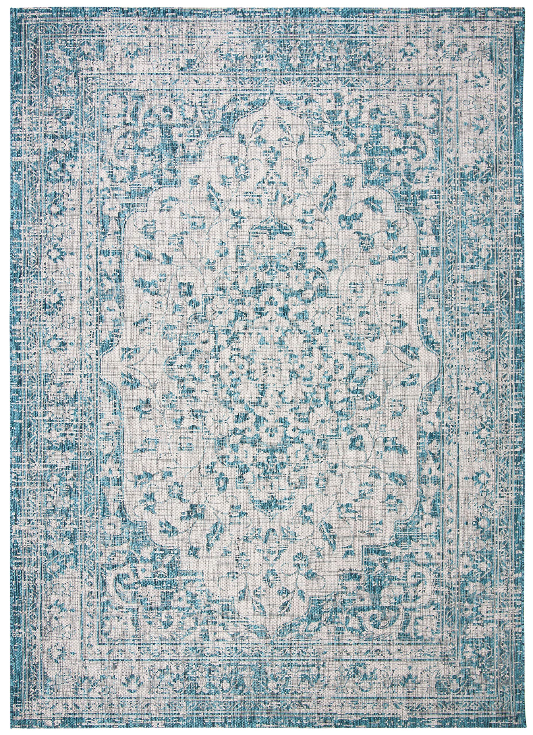 SAFAVIEH Courtyard Collection 8' x 11' Teal & Cream Indoor/Outdoor Rug - Waterproof, Easy Clean, Non-Slip - Perfect for Patio, Backyard, Mudroom, Deck & Poolside