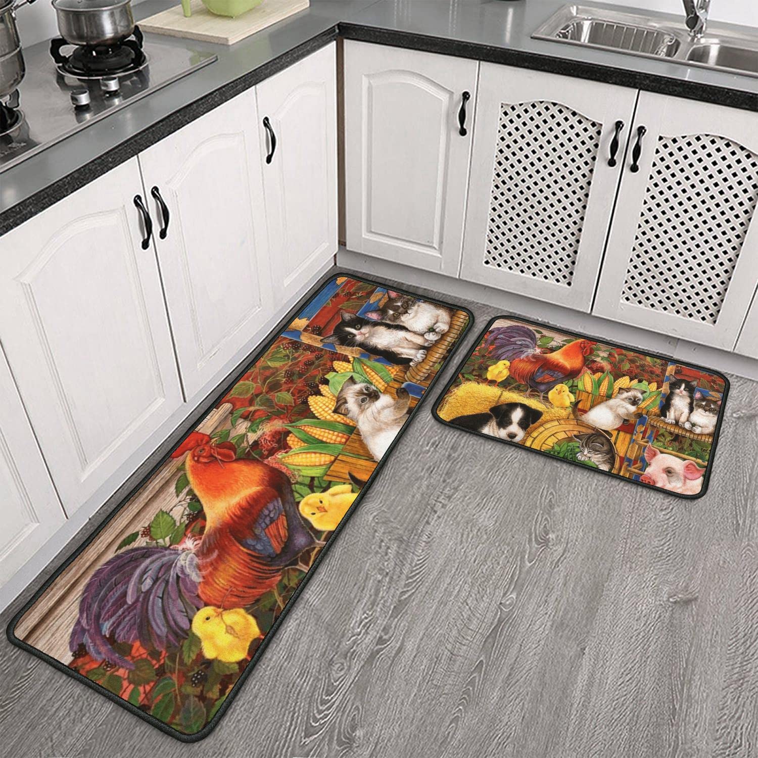 Farmhouse Kitchen Rugs and Mats Set of 2 - Non-Slip Washable Rooster Design Floor Mats for Home Decor (17x29 & 17x47 Inch) - Perfect for Farmhouse Style Kitchens, Holiday Cooking, and Seasonal Home Decorating