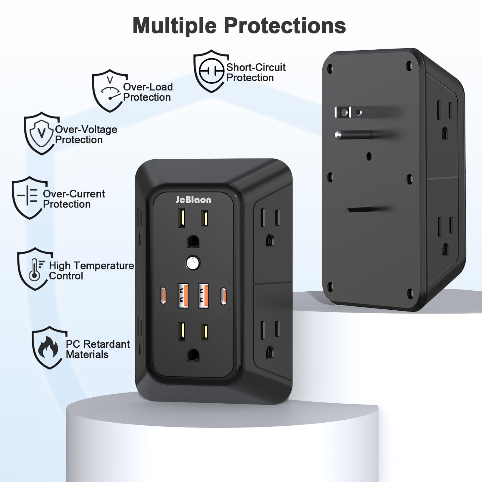 6-Outlet Surge Protector with 4 USB Ports (2 USB-C) - Multi Plug Power Strip, 3-Sided Wall Adapter for Home, Office, Kitchen & Travel - Black | Perfect for Charging Multiple Devices Simultaneously