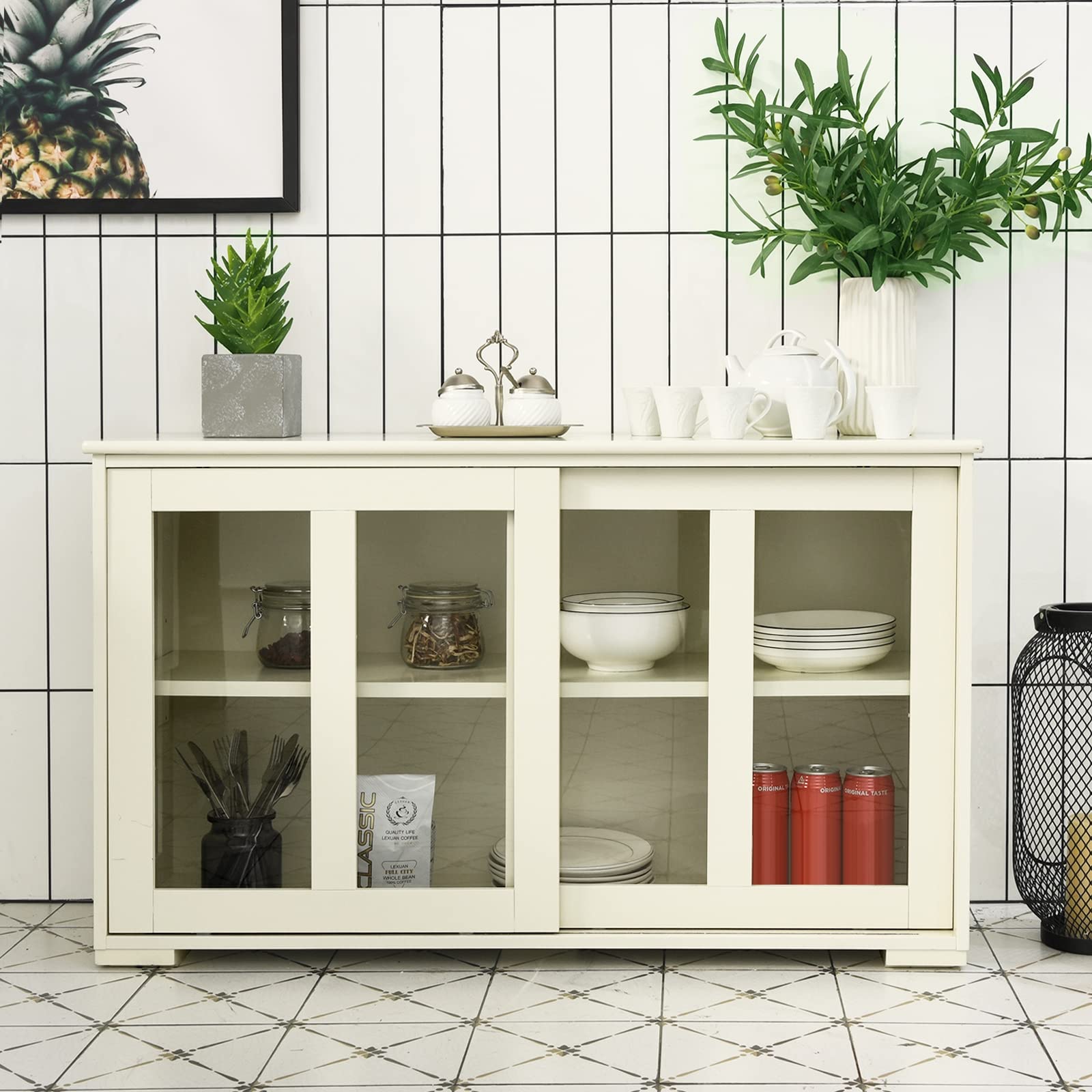 Antique Stackable Kitchen Buffet Storage Cabinet with Adjustable Shelves - Cream White Organizer for Dining Room, Home Cupboard & Pantry | Perfect for Small Space Organization & Kitchenware Display