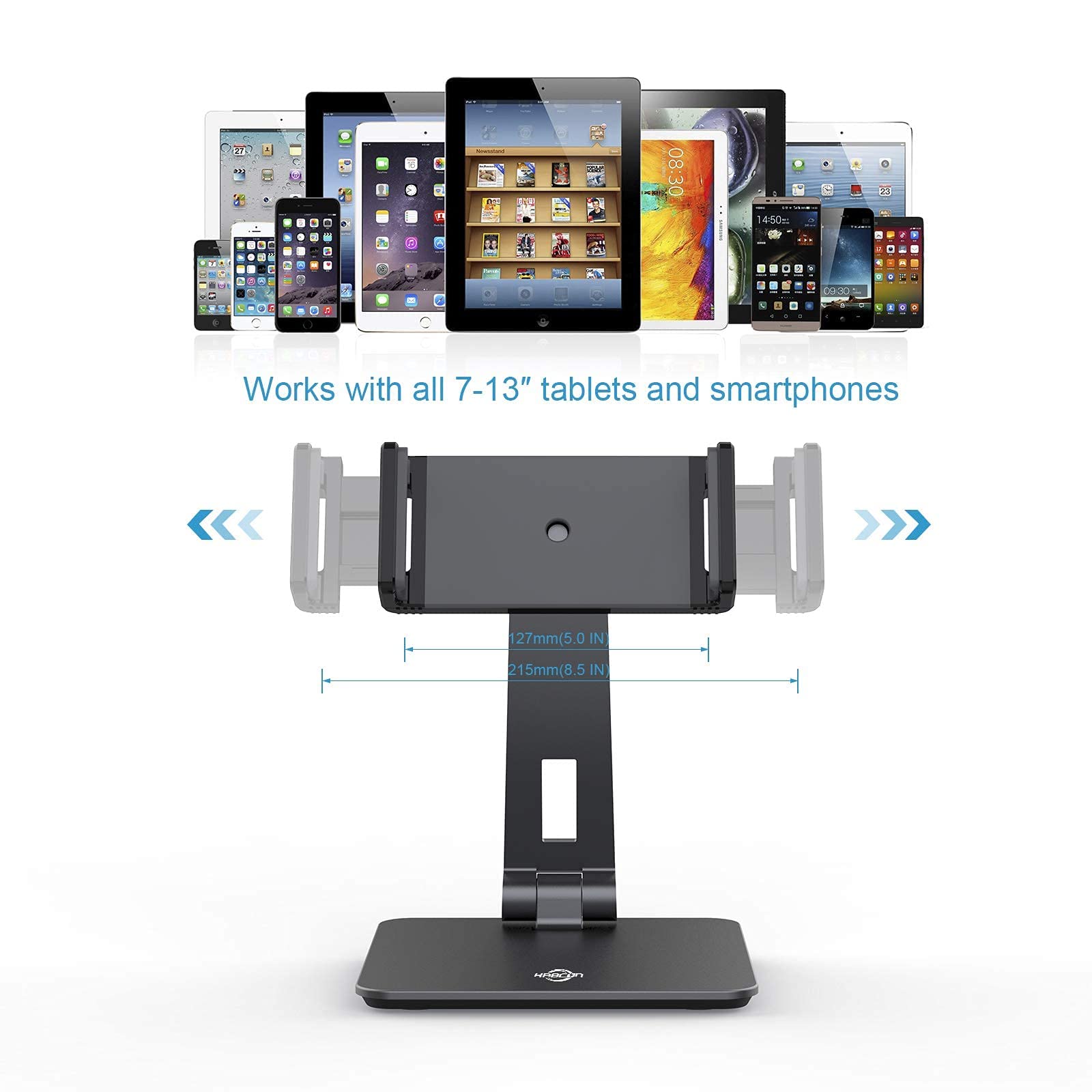 KABCON Adjustable Aluminum Alloy Tablet Stand - 360° Swivel & Foldable Phone & iPad Holder for Desk (4-14 Inch) - Compatible with iPad Pro/Air/Mini, Samsung Galaxy Tabs, Kindle Fire - Perfect for Home Office, Kitchen, Bedroom & Travel Use