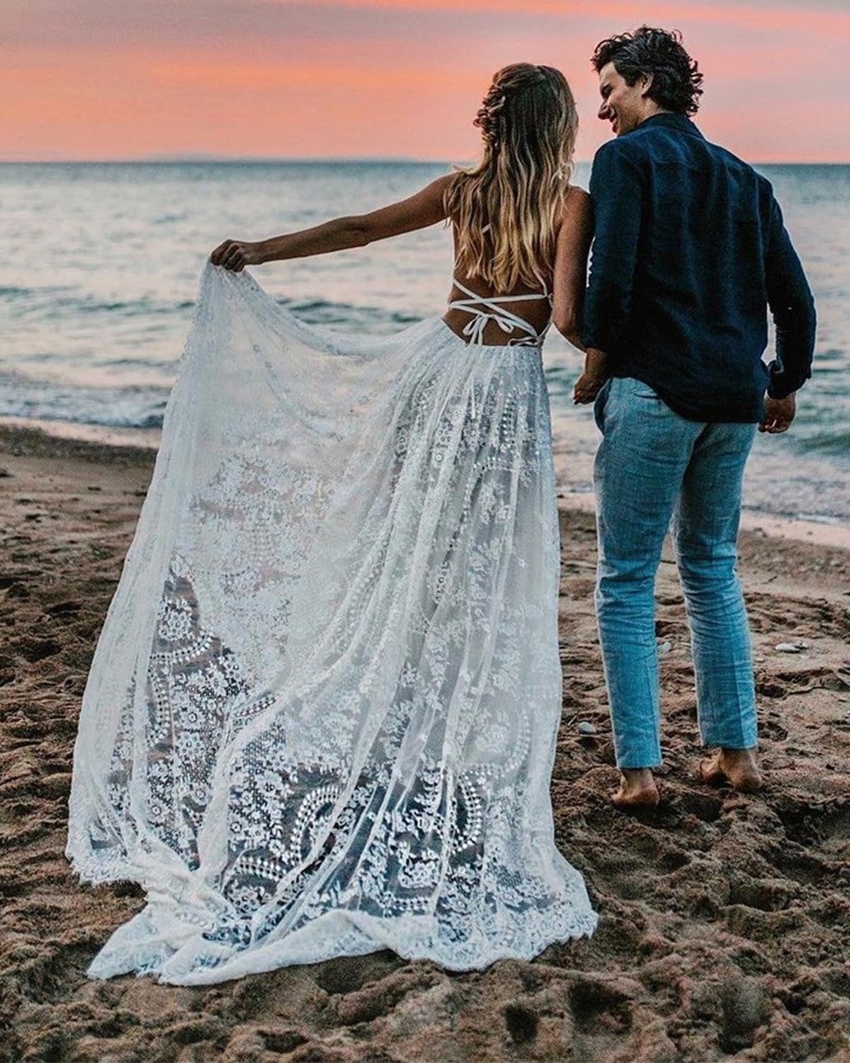 Boho Lace Wedding Dress for Bride - Long Beach Bridal Gown with Spaghetti Straps, V-Neck & Train | Perfect for Beach Weddings, Outdoor Ceremonies & Boho Chic Bridal Looks
