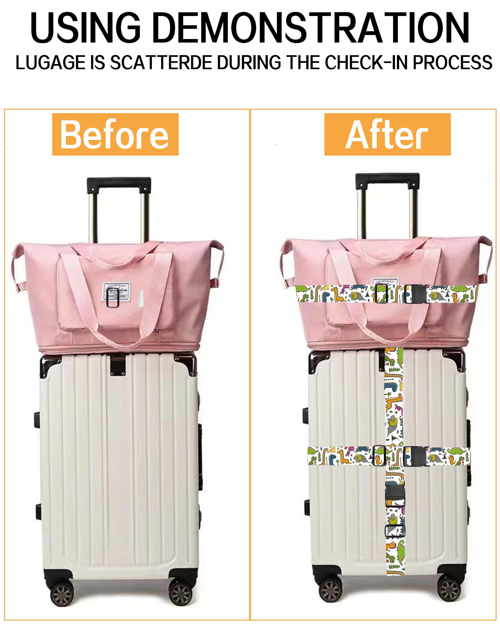 Durable Adjustable Luggage Straps for Suitcases - Wide Travel Belt with Secure Buckle, Cute Dinosaur Design Suitcase Identifier - Perfect for Air Travel, Vacation & Luggage Organization