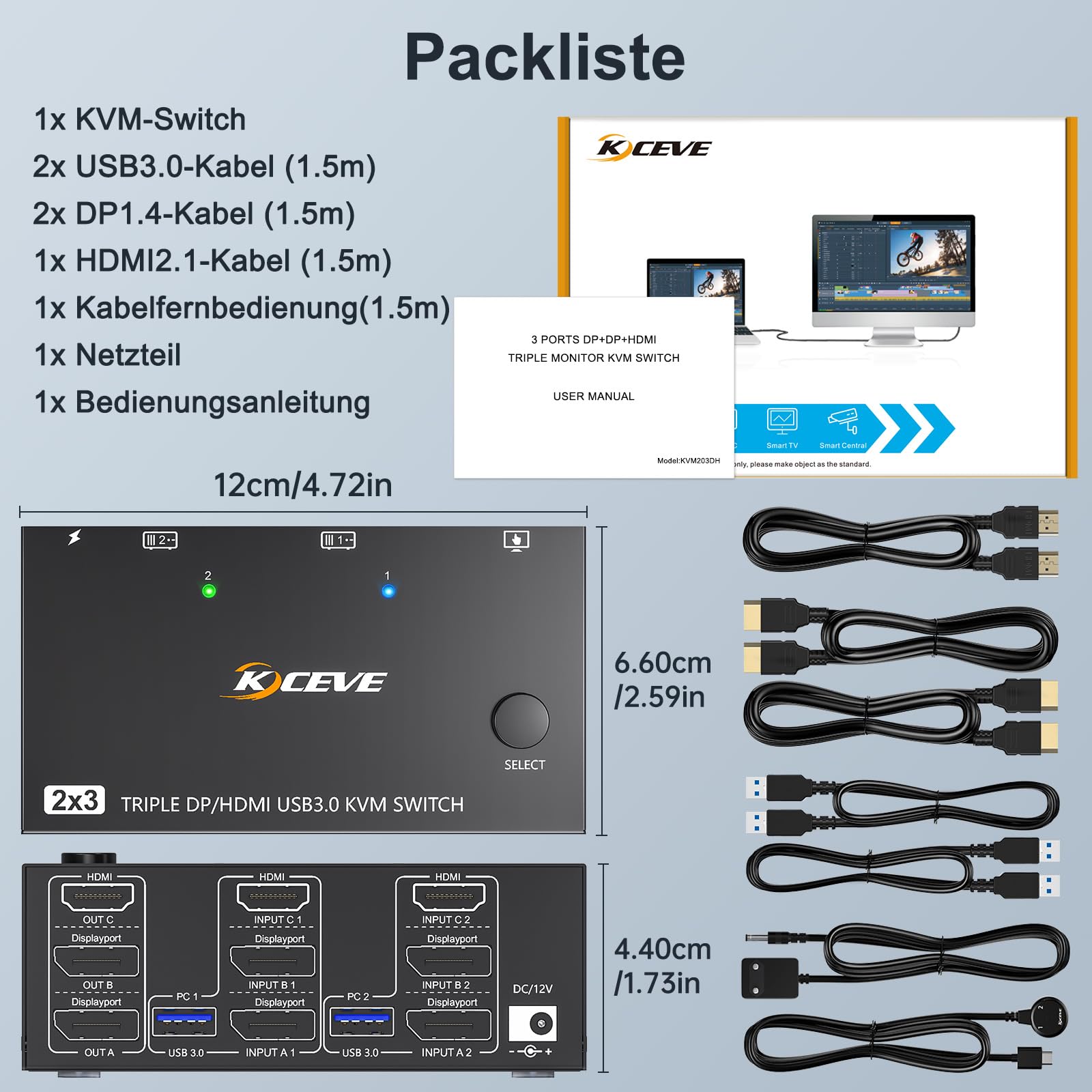Premium 8K@60Hz 4K@144Hz Triple Monitor KVM Switch - 2 Computers to 3 Monitors with HDMI & Dual DisplayPort, USB 3.0 Hub, Wired Remote & 5 Cables - Perfect for Multi-Tasking, Gaming & Office Workstations
