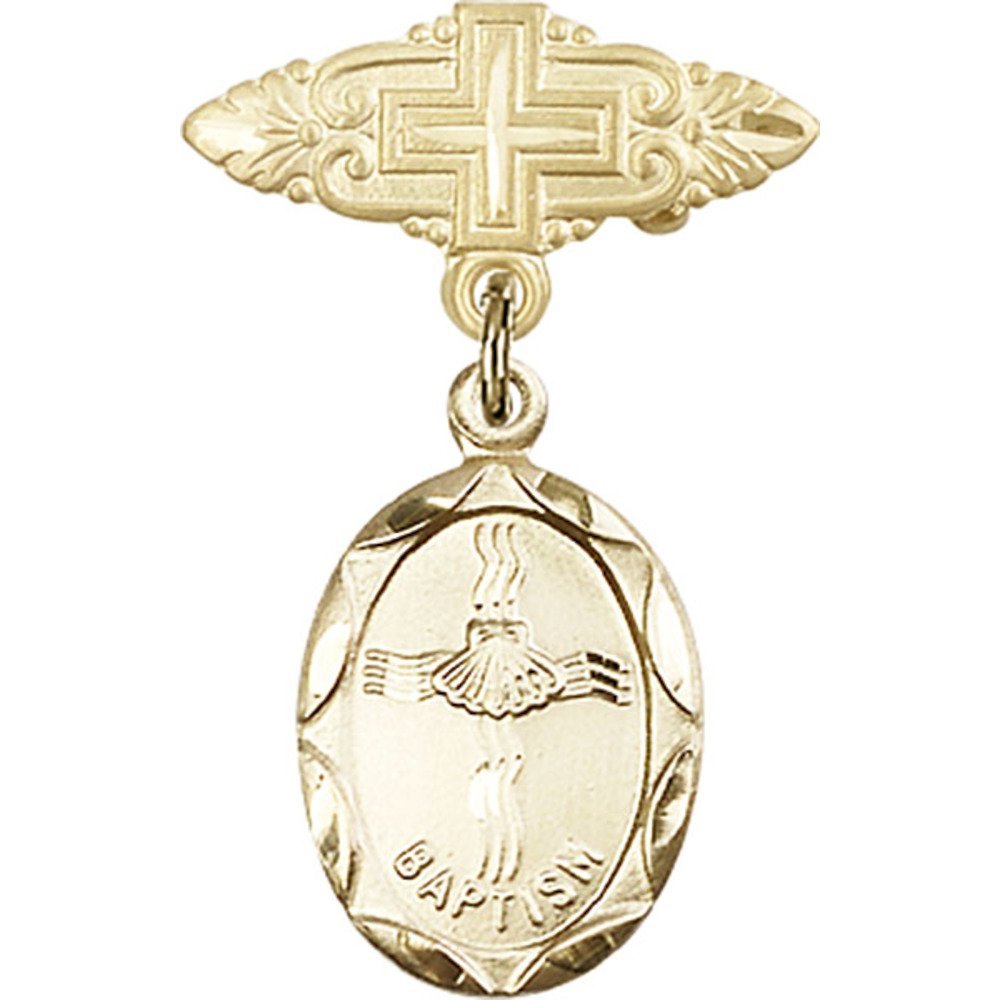 Gold Filled Baby Baptism Badge with Cross Charm - 1 1/8 X 3/4 Inch Religious Pin for Christening, First Communion & Baby Blessing Ceremonies