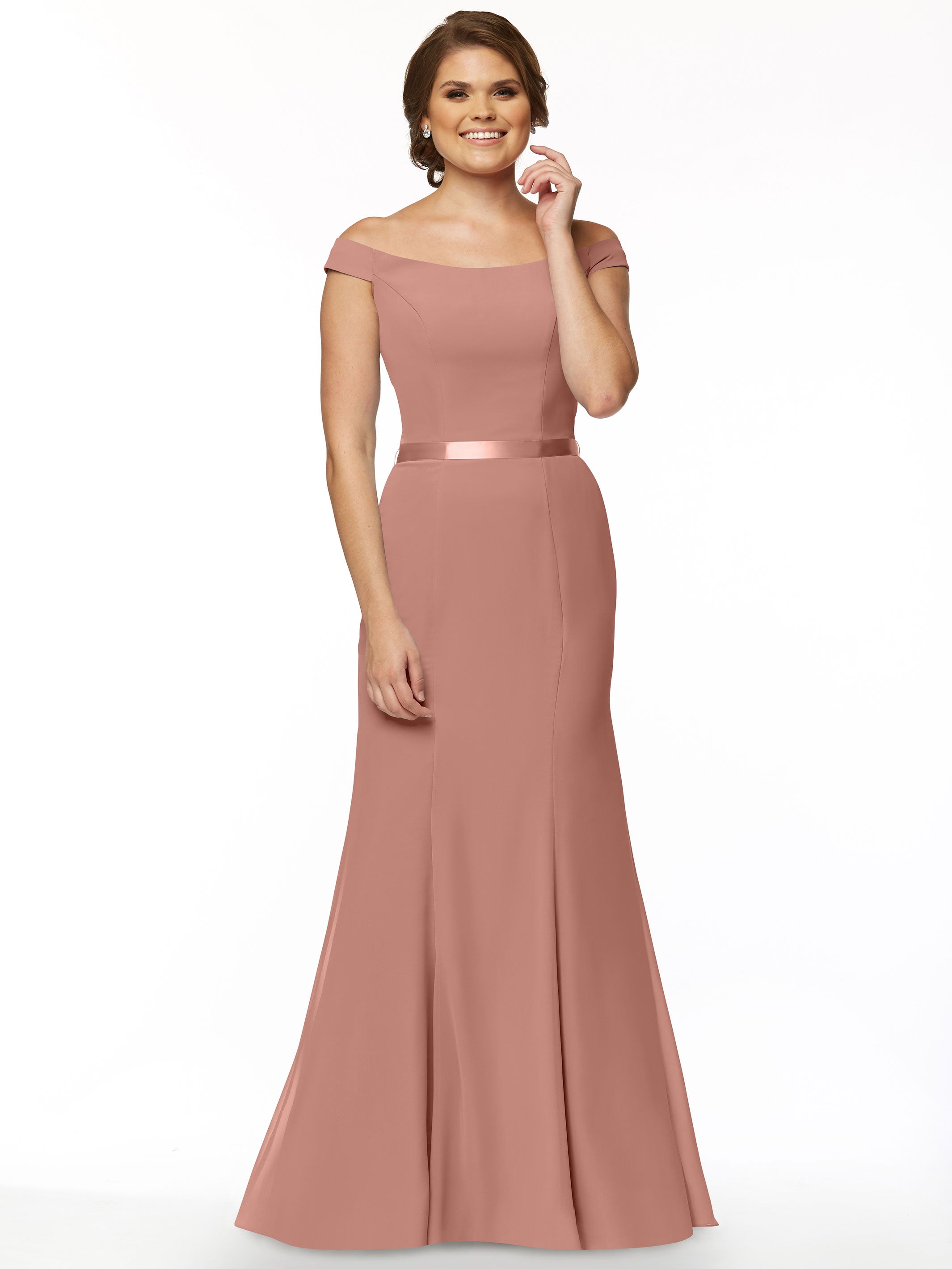 Elegant Off-The-Shoulder Chiffon Bridesmaid Dress with Ribbon Belt - Flowy Fit & Flare Design for Weddings, Parties & Special Occasions | Style #80079