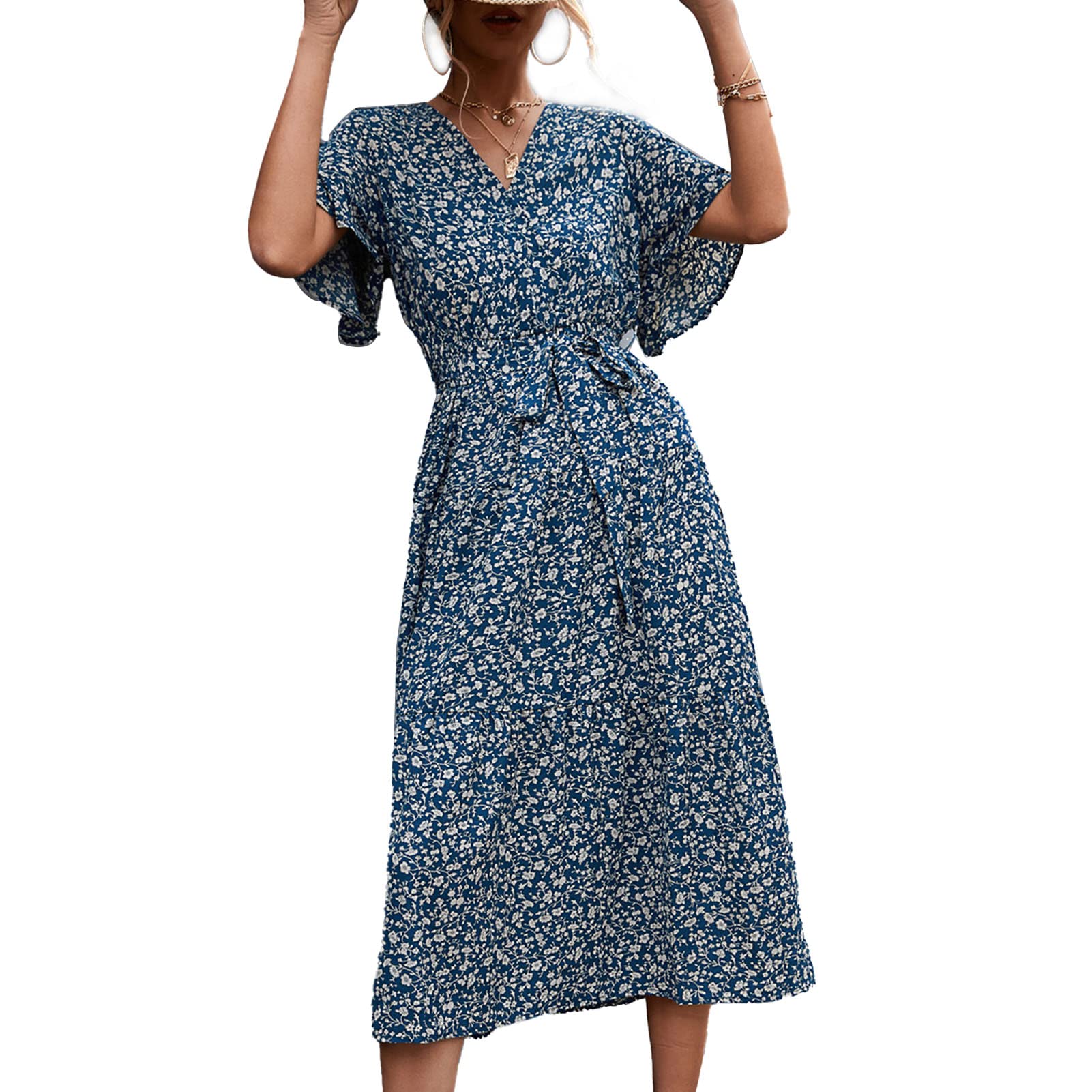 Women's V-Neck T-Shirt Dress with Waist Belt - Breathable Summer Maxi Dress for Casual & Party Wear (Light Blue Floral) - Perfect for Beach Outings, Date Nights & Summer Vacations