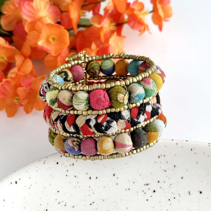 Handmade Kantha Embroidered Cotton Cuff Bracelet - Boho Ethnic Jewelry for Women, Festival Accessories, Gift for Her - Perfect for Yoga, Music Festivals & Boho Chic Outfits