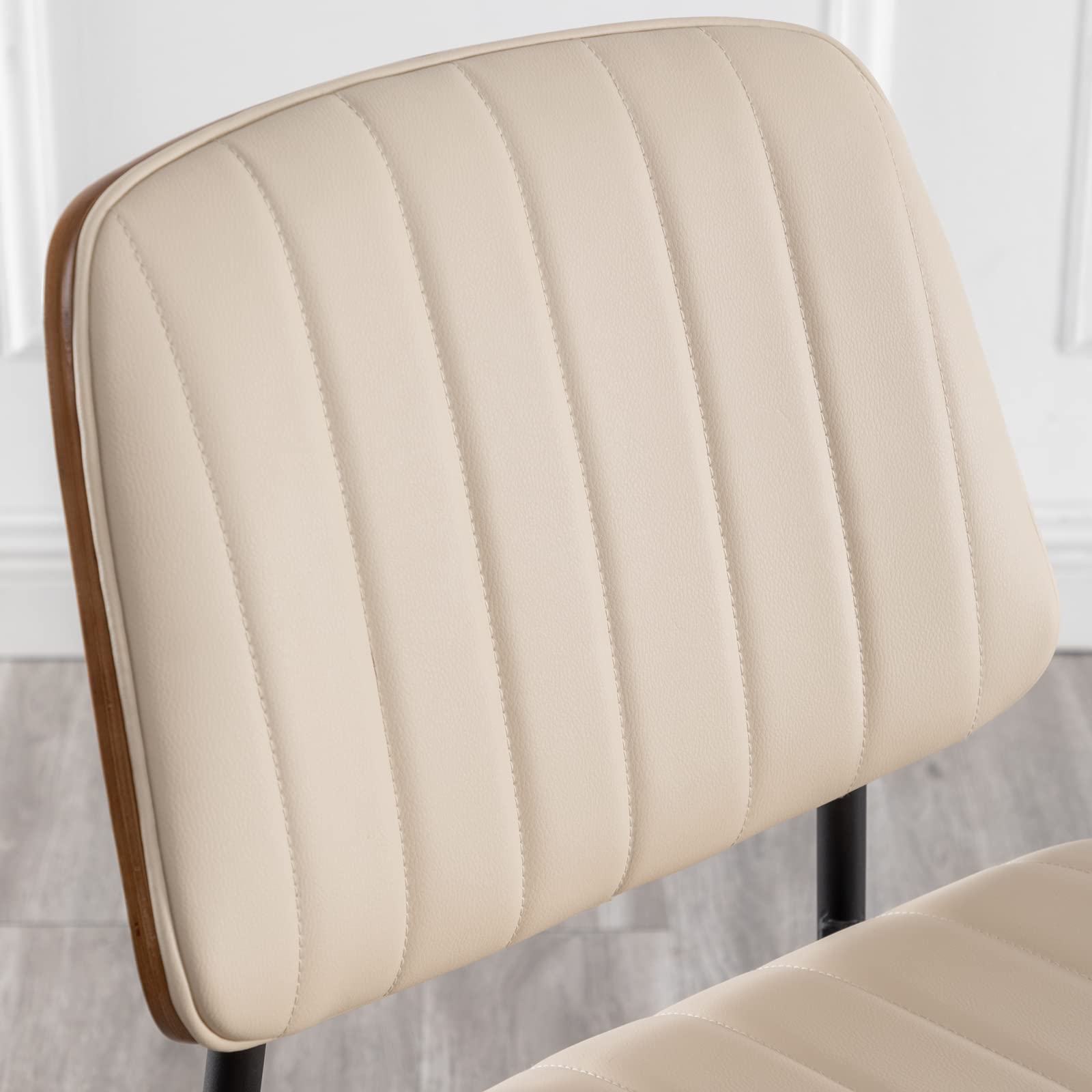 Mid Century Modern Dining Chairs Set of 2 - Retro Beige Faux Leather Upholstered Chairs with Walnut Bentwood Seat & Metal Legs - Adjustable Feet for Kitchen, Dining Room & Home Office