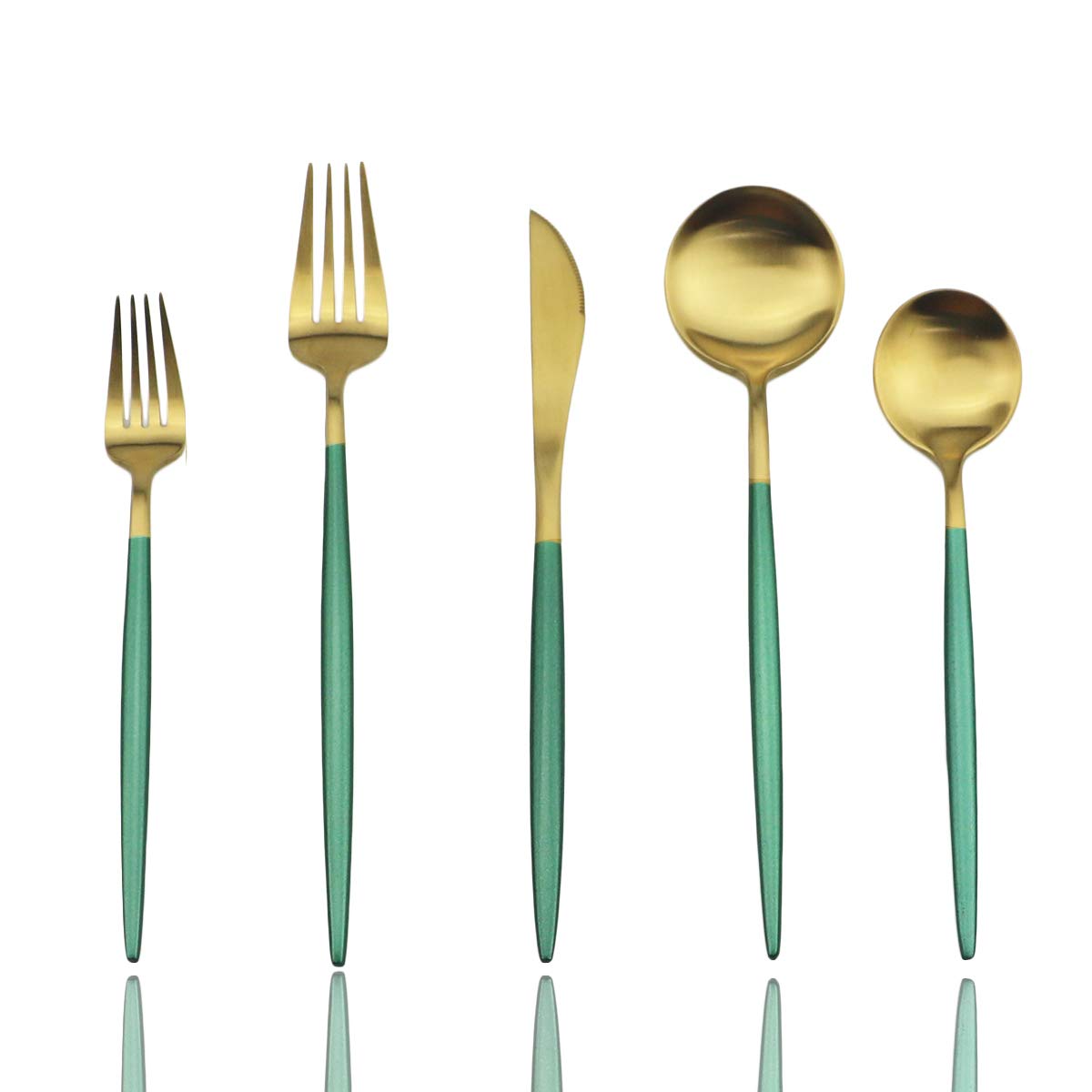 Premium 5-Piece Matte Green & Gold Flatware Set - 18/10 Stainless Steel Heavy Weight Forged Cutlery (Forks, Spoons, Knives) - Elegant Dining Utensils for Everyday Meals & Dinner Parties