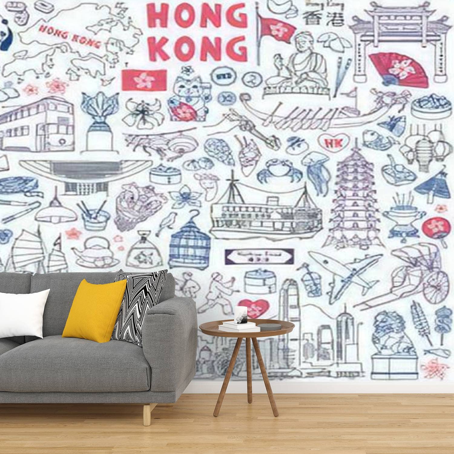 Peel & Stick Self-Adhesive PVC Wallpaper - Hong Kong Skyline Doodle Set with Hand-Drawn Food Landmarks, Removable Wall Mural Decal for Living Room & Bedroom Decor | Perfect for Home, Office, and Dorm Room Wall Stickers