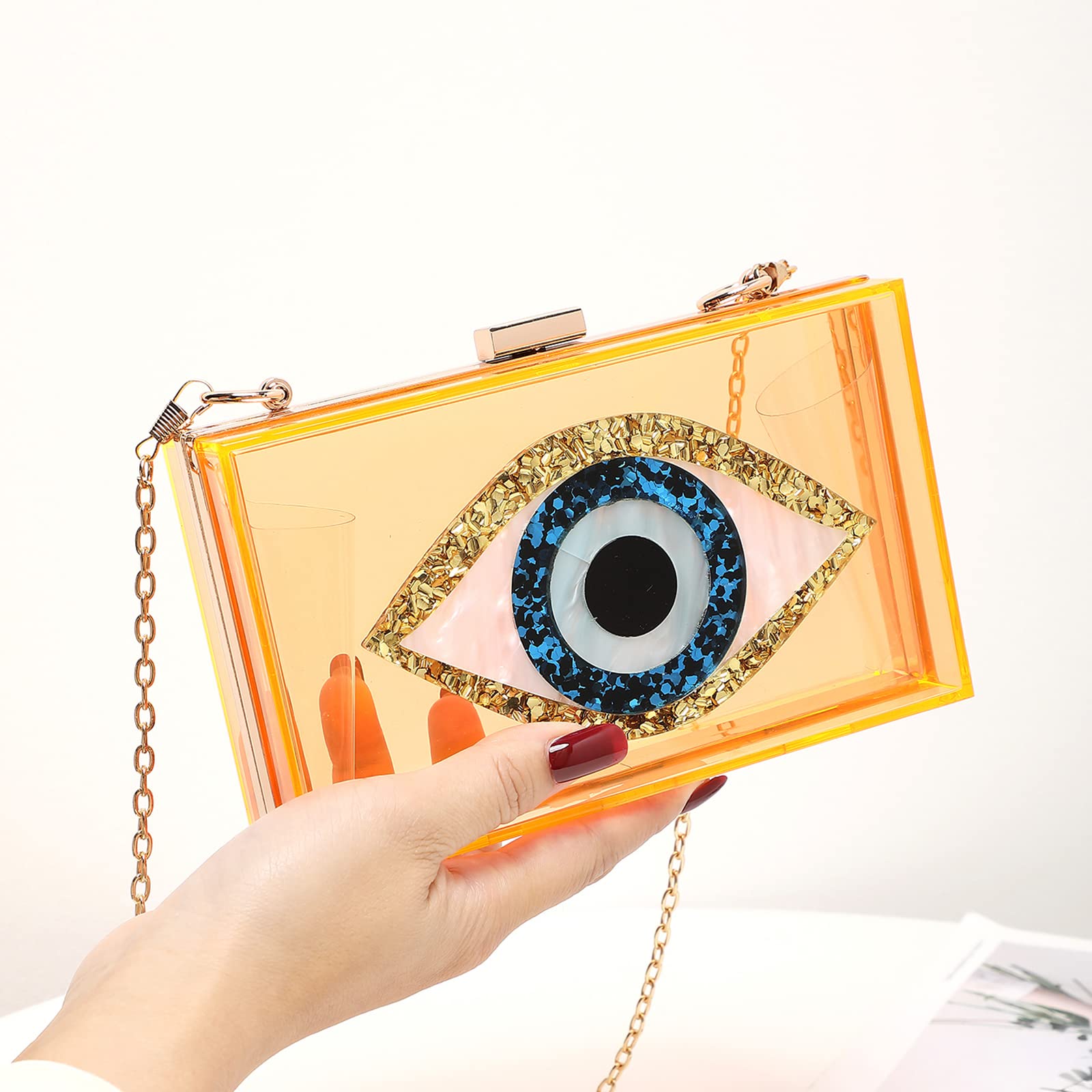 LETODE Women's Evil Eye Acrylic Clutch Purse - Glitter Evening Bag with Chain, Shoulder & Crossbody Strap - Perfect for Parties, Weddings & Night Out