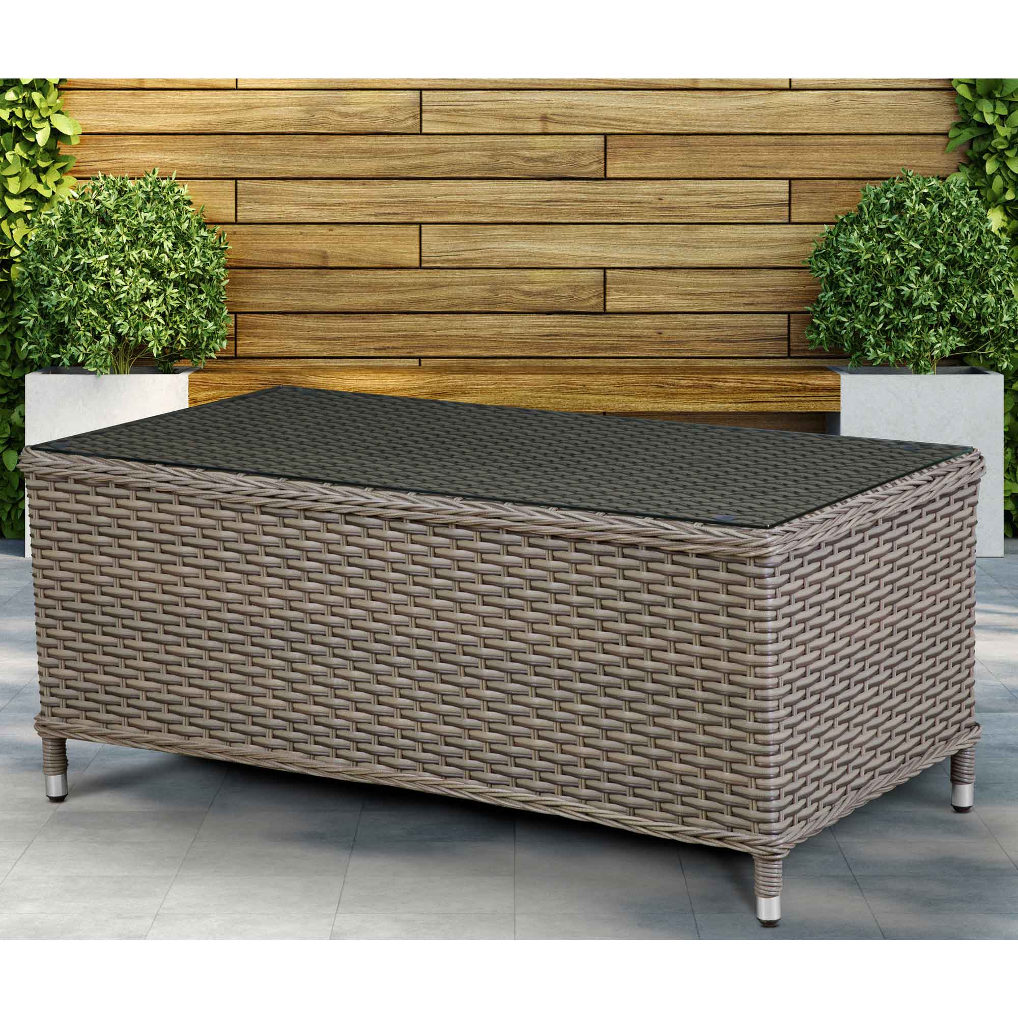 Chester Rattan Wicker Outdoor Coffee Table with Tempered Glass Top - Brown (DG71) | Weather-Resistant Patio Furniture for Garden, Poolside & Backyard Relaxation