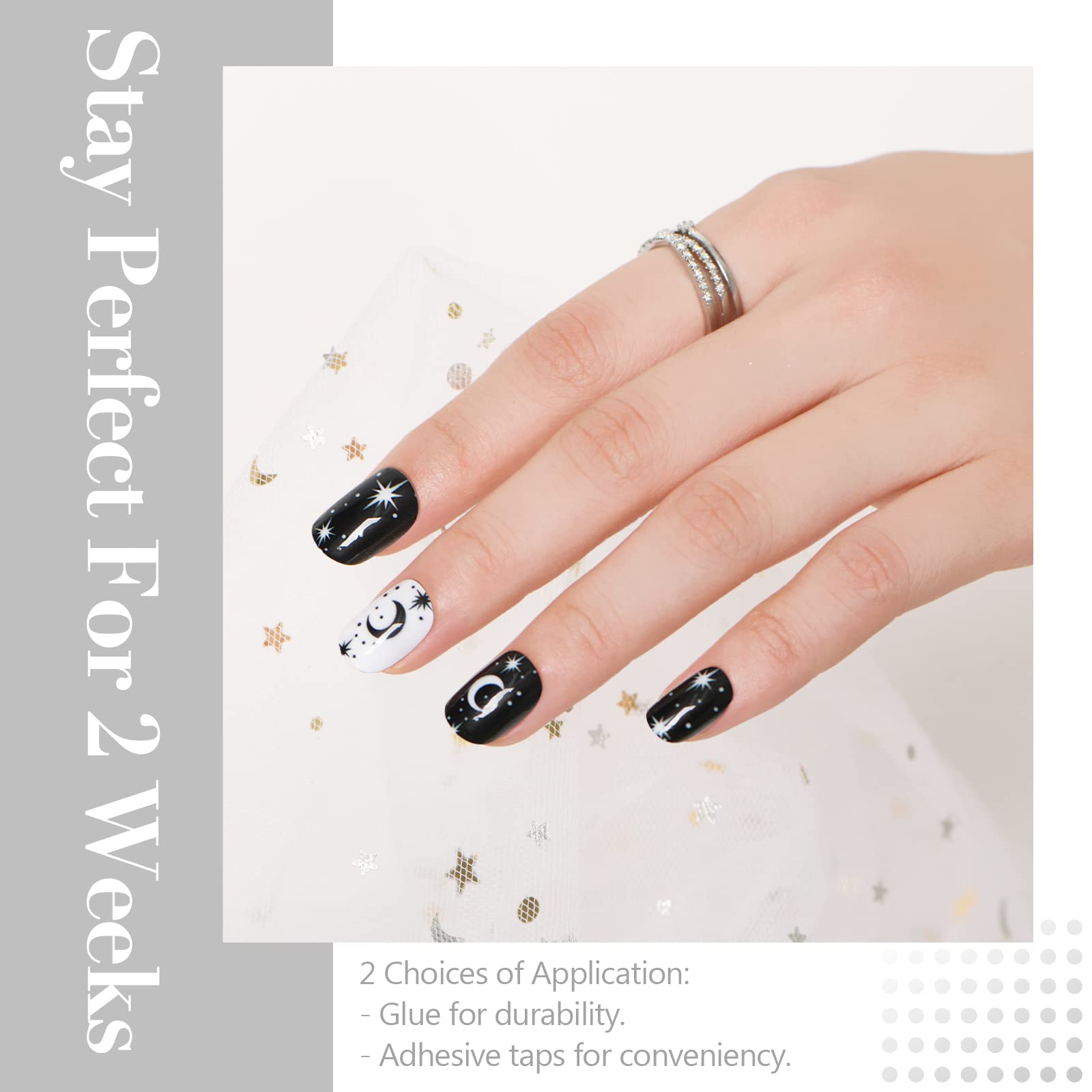 Gothic Black and White Press on Nails with Stars - 24Pcs Short Squoval Fake Nails, Reusable Glossy UV Gel Acrylic Nails for Women | Perfect for Halloween, Parties, and Everyday Manicure